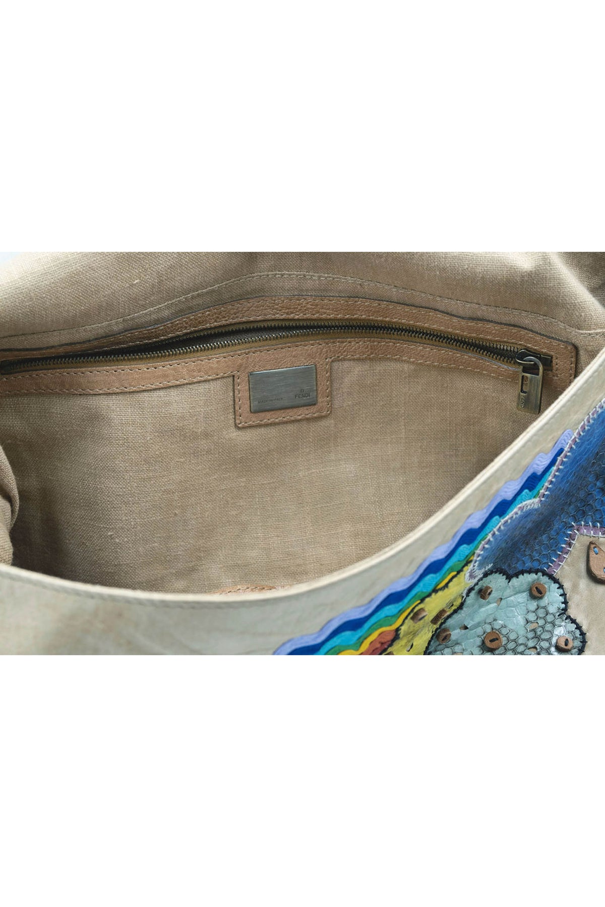 Fendi Jumbo Tan Leather Rainbow, Flower, Rain Embellished Baguette Purse