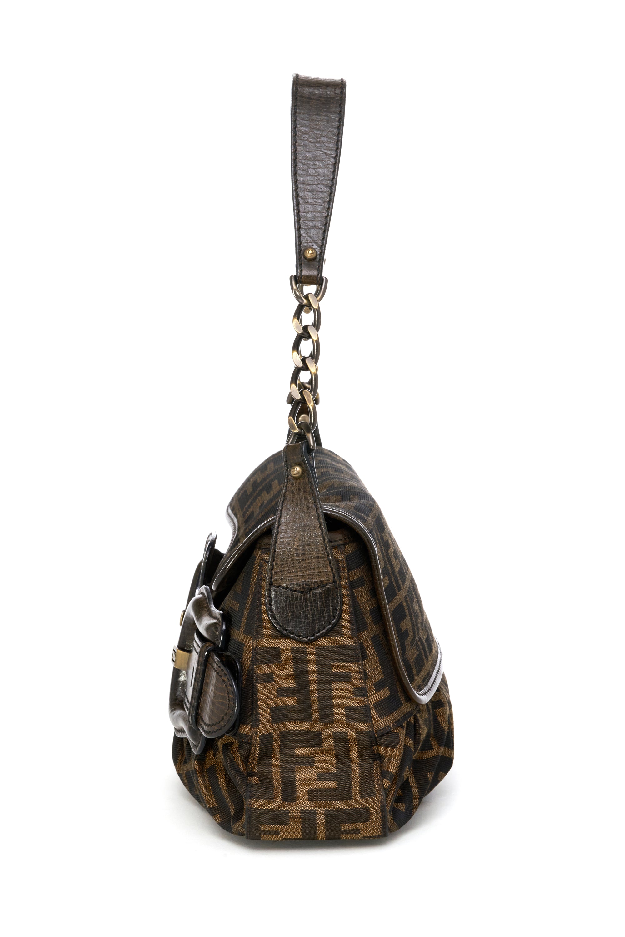 fendi tobacco zucca canvas mini pochette bag Vintage c: 1990s/2000s Crafted in Fendi's signature brown Zucca with zip closure and slim top handle, this mini pochette is the perfect grab-and-go accessory. Compact Fendi Tobacco Zucca Coated Canvas