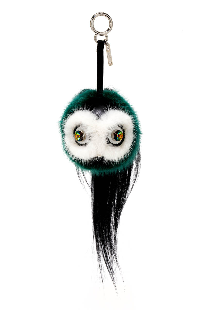 Fendi Green Mink White Face Purse Charm With Crystal Eyes