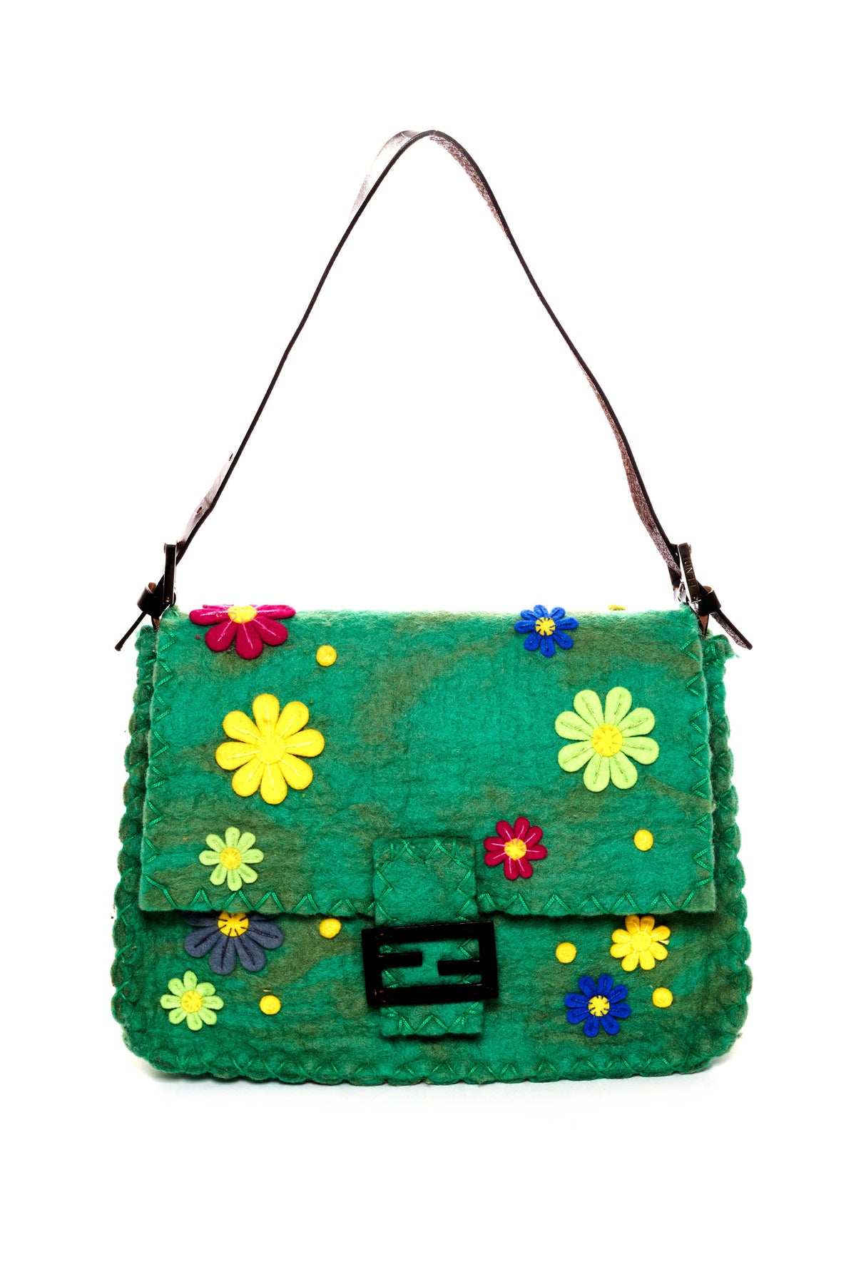 Fendi Medium Green Wool Felt Flower Applique Mama Baguette Purse