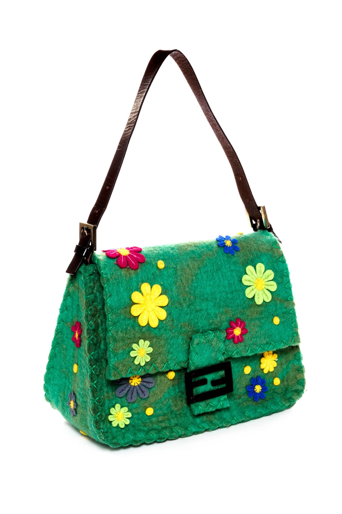 Fendi Medium Green Wool Felt Flower Applique Mama Baguette Purse