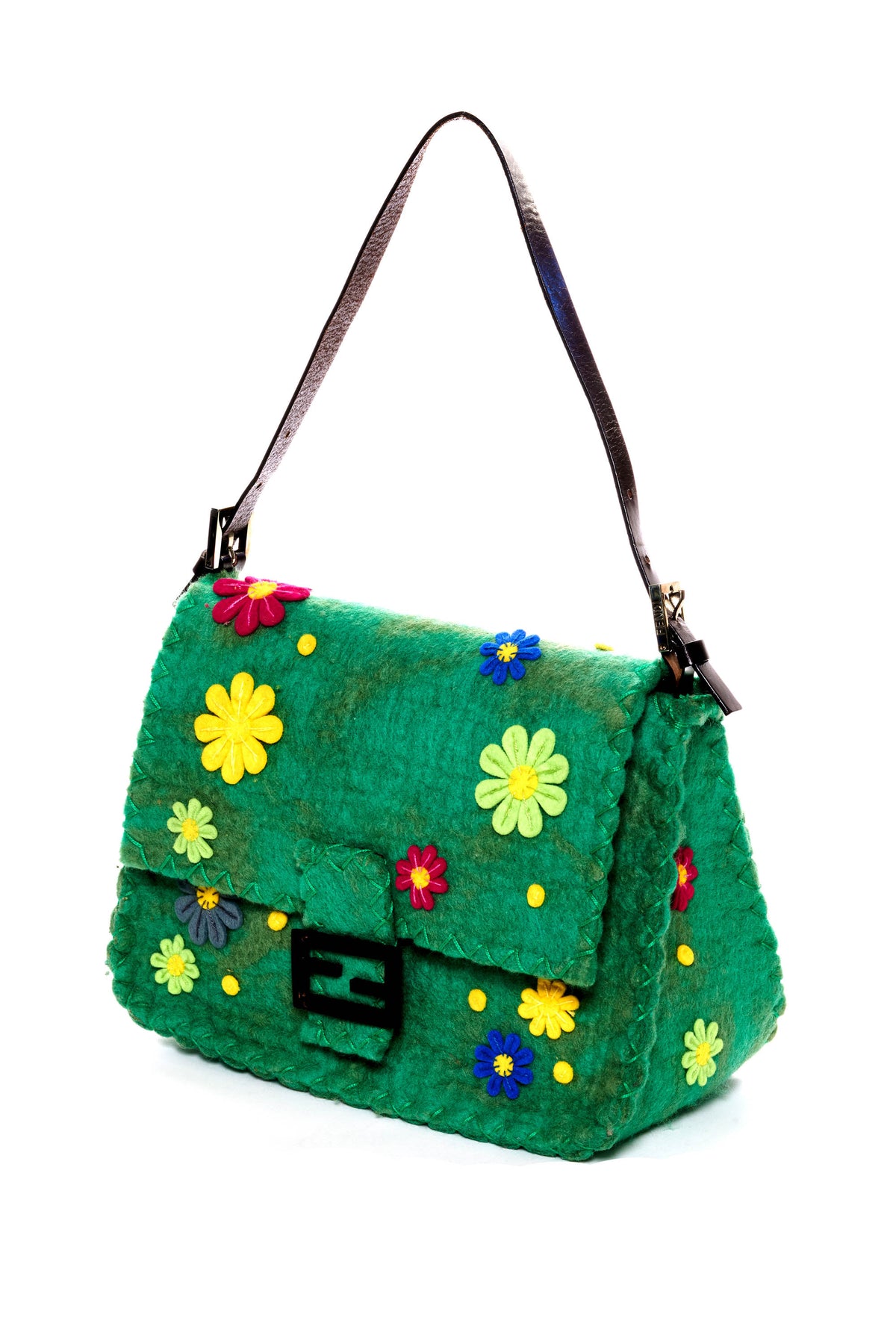 Fendi Medium Green Wool Felt Flower Applique Mama Baguette Purse