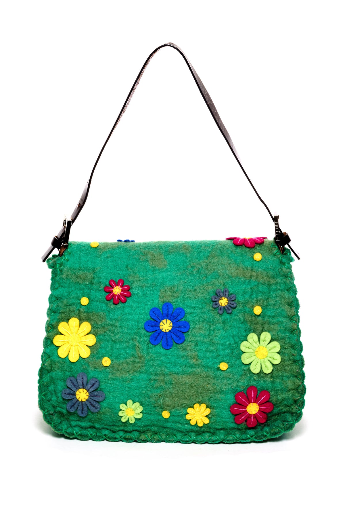 Fendi Medium Green Wool Felt Flower Applique Mama Baguette Purse