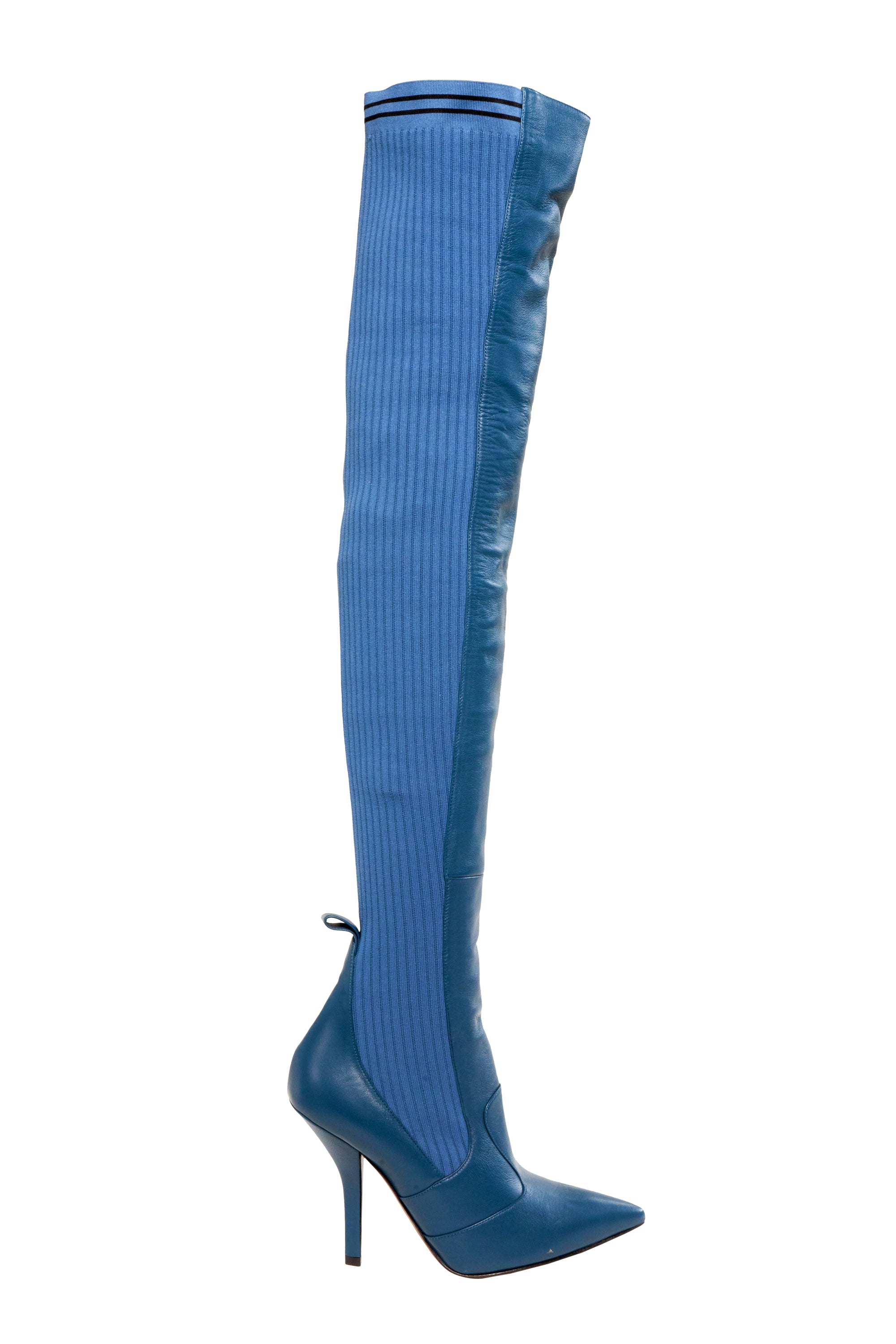 Fendi Medium Blue Sock Boot Over The Knee Heel Size 40