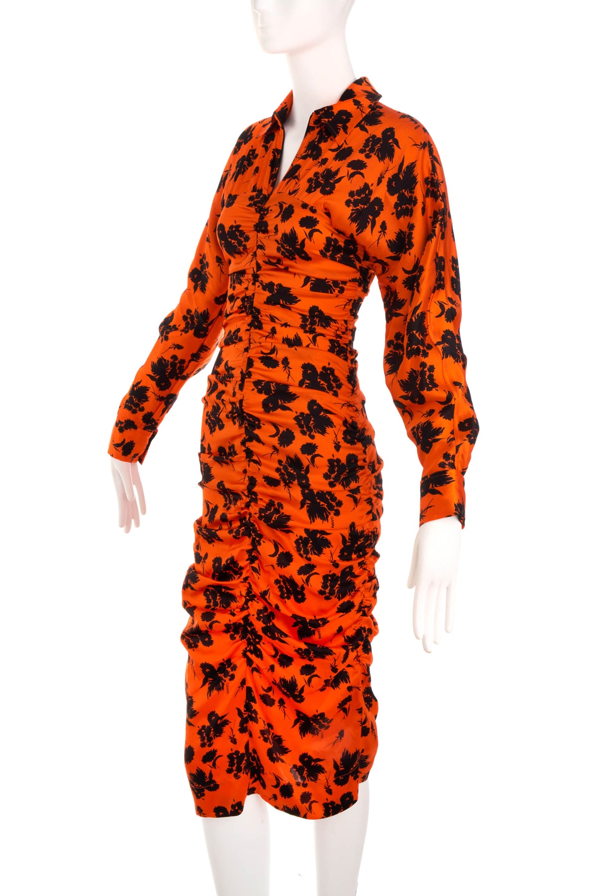 Ganni Orange and Black Long Sleeve Rouched Dress Size 2