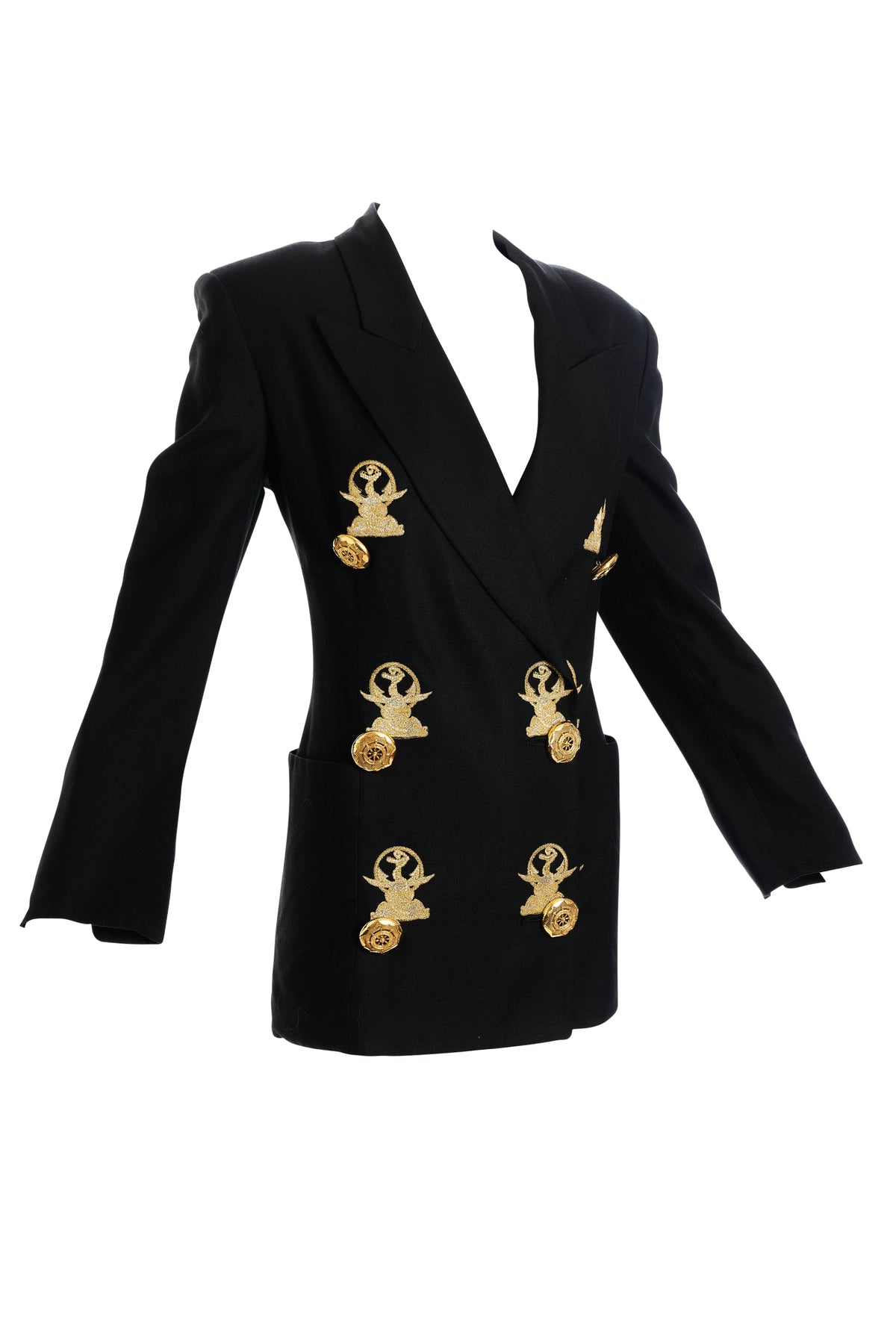 Gianfranco Ferre Black Jacket Gold Embroidery and Nautical Buttons Size 38