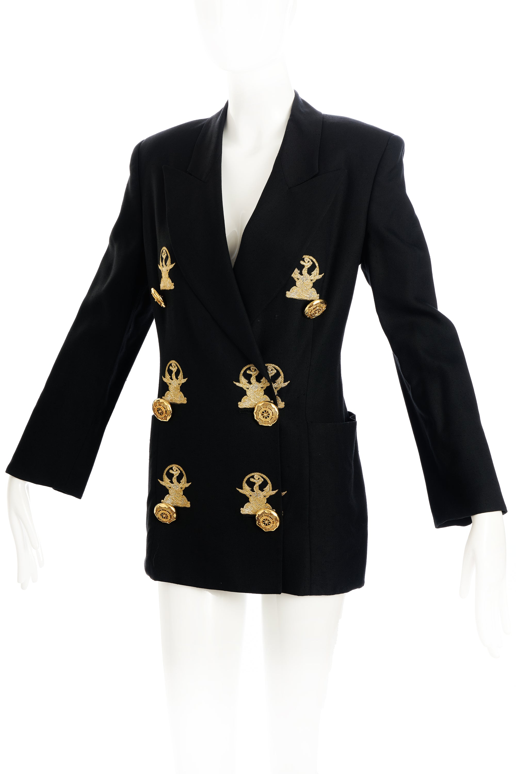 Gianfranco Ferre Black Jacket Gold Embroidery and Nautical Buttons Size 38