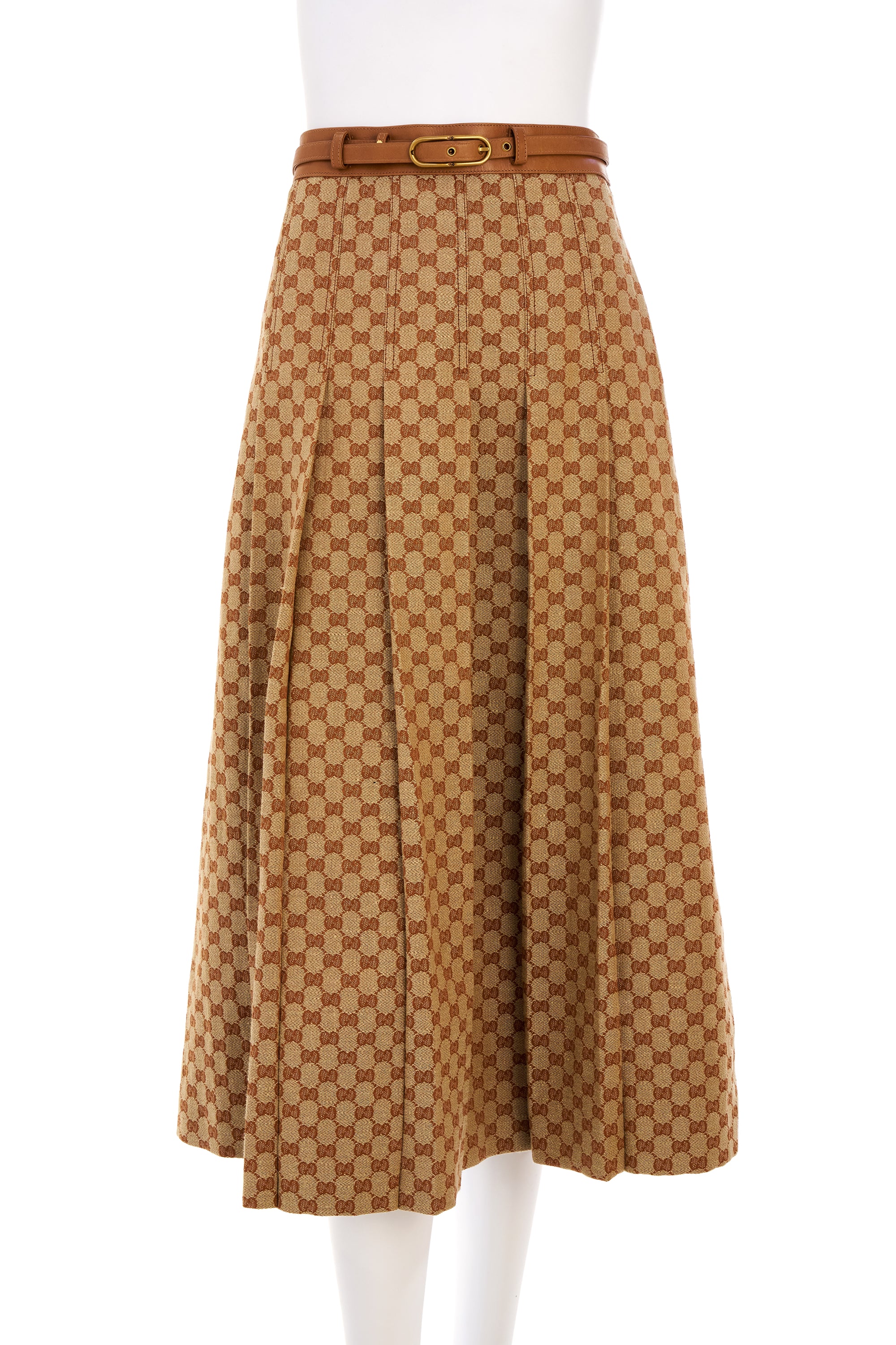 Gucci Brown Pleated Supreme Pattern Belted Skirt