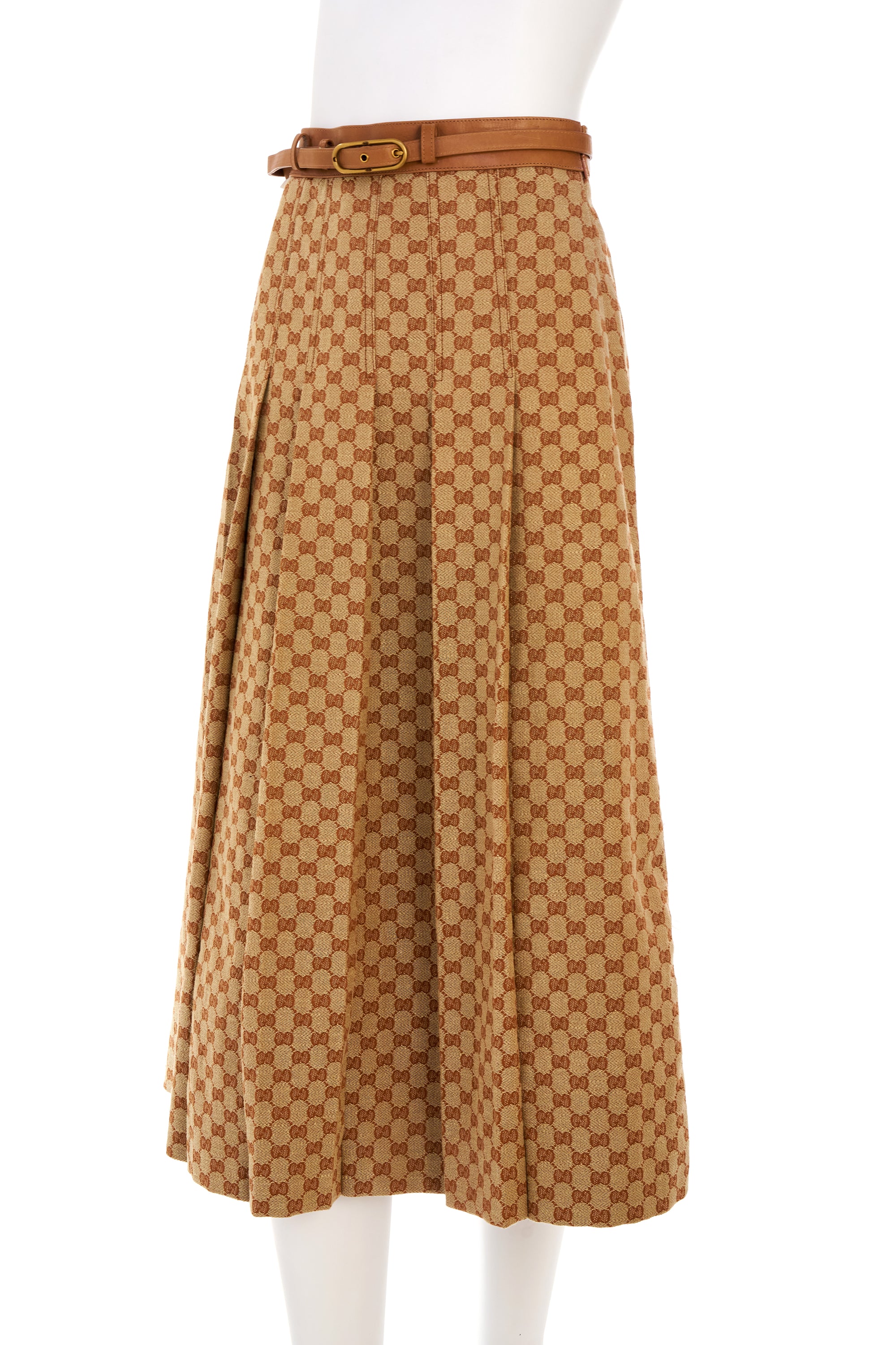 Gucci Brown Pleated Supreme Pattern Belted Skirt