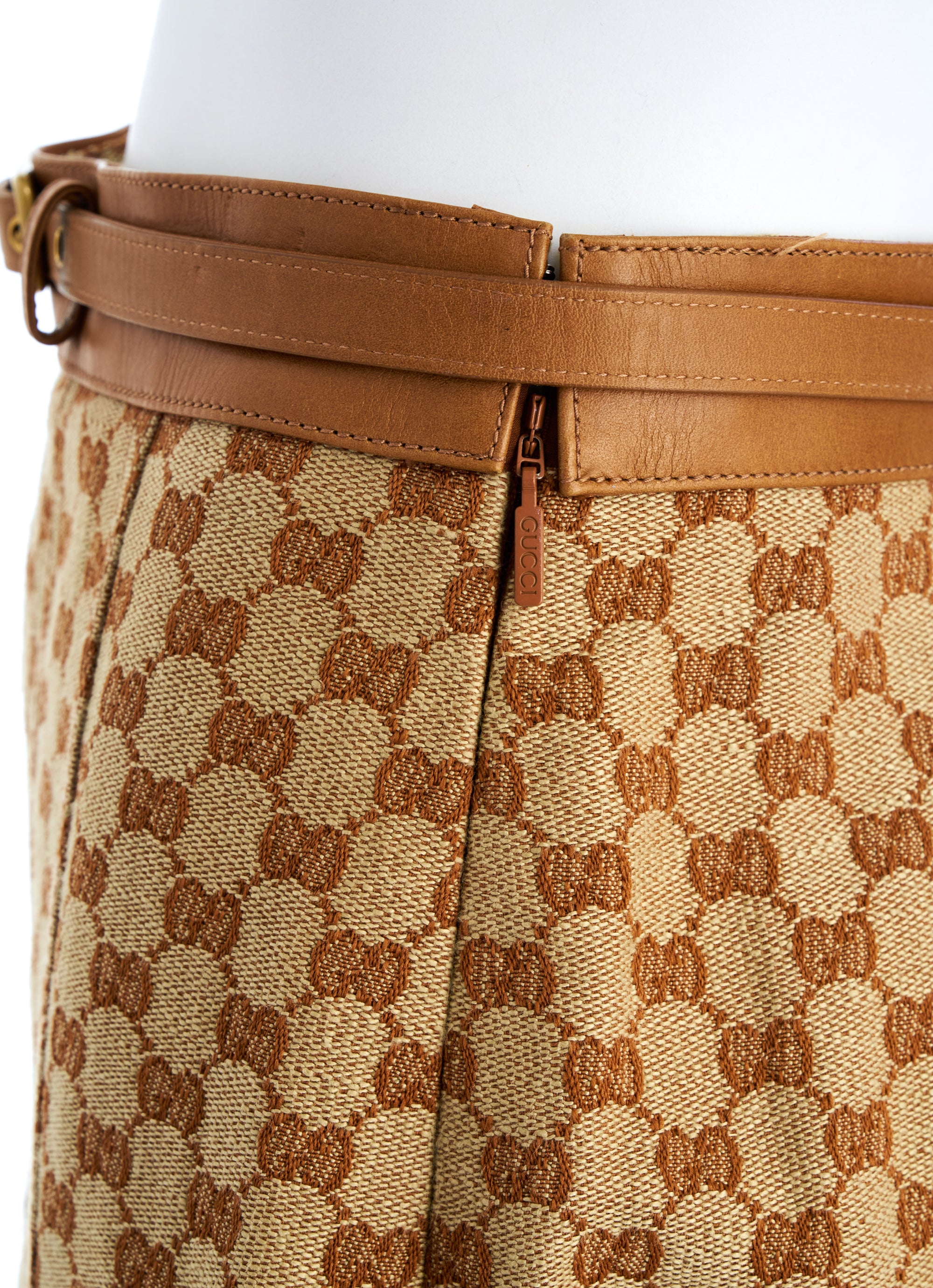 Gucci Brown Pleated Supreme Pattern Belted Skirt