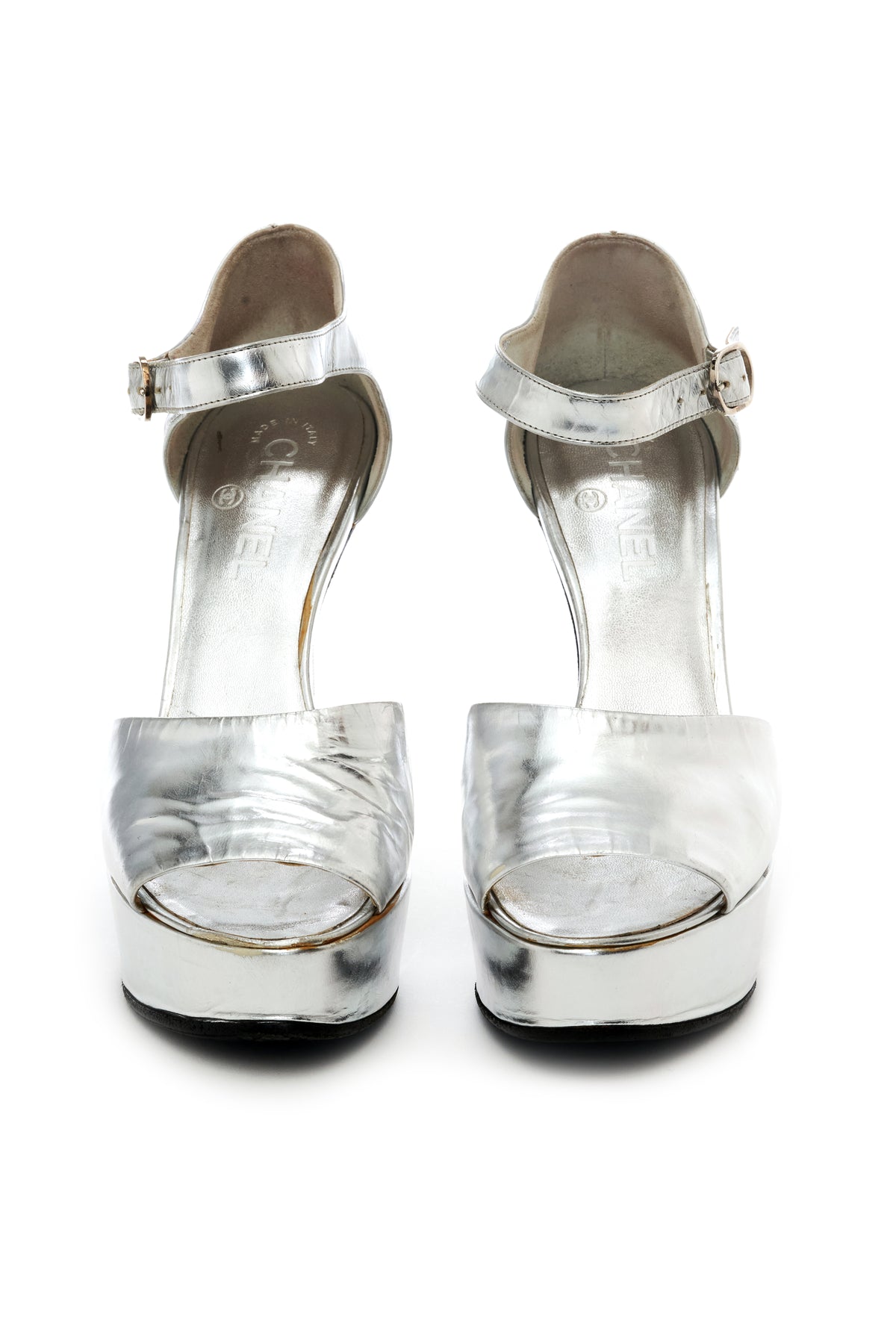 Chanel RARE Miami Vice Silver Platform Gun Heels 2009 Cruise