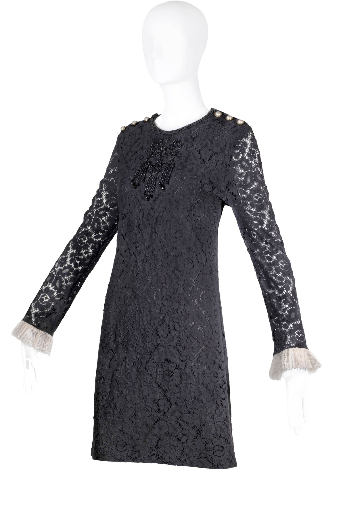 Gucci Black Lace Long Sleeve Beaded Dress Size 44/8