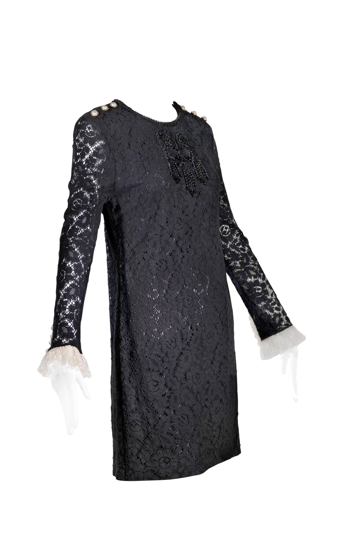 Gucci Black Lace Long Sleeve Beaded Dress Size 44/8