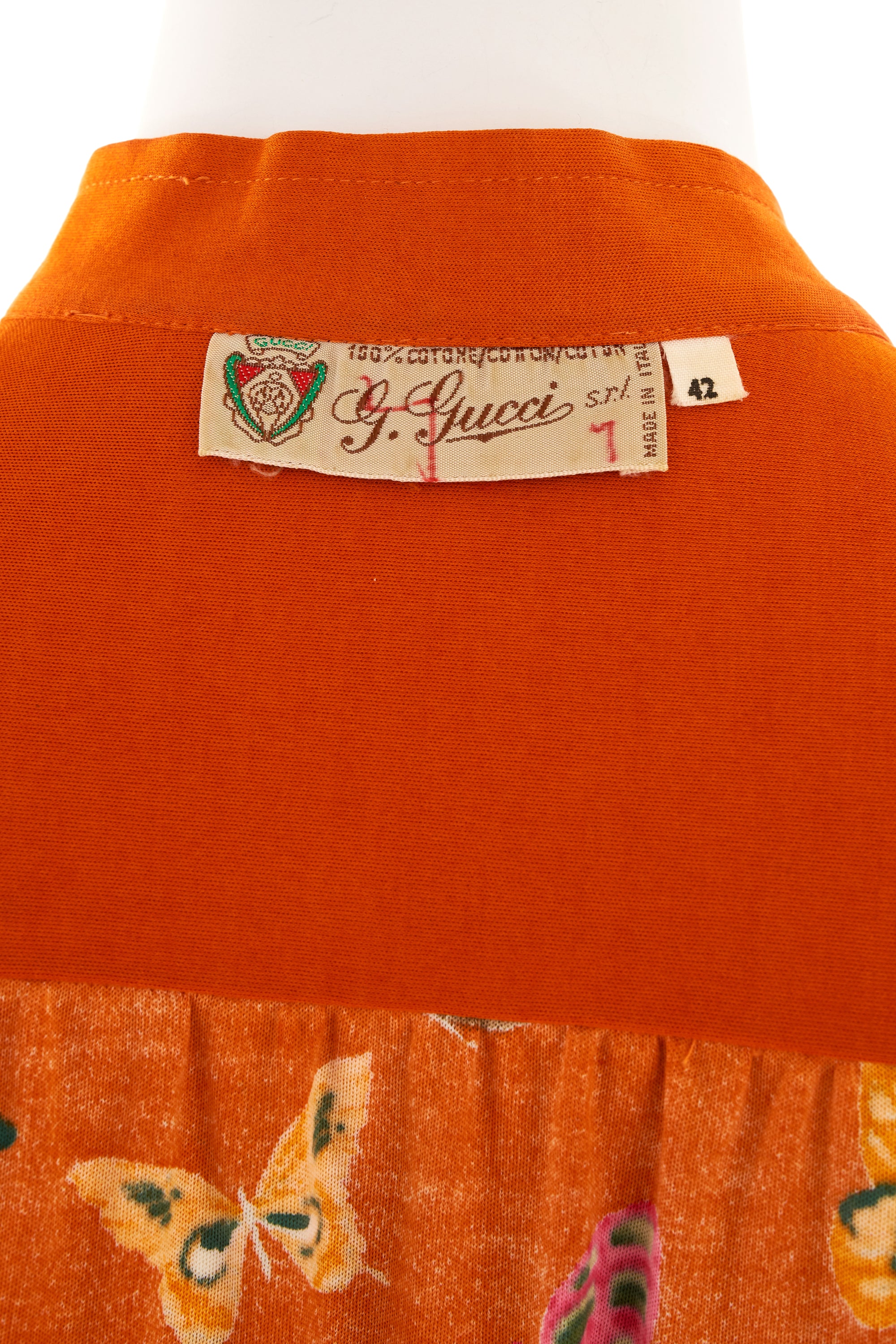 Gucci 1970's Orange Butterfly Cotton Dress Size 42