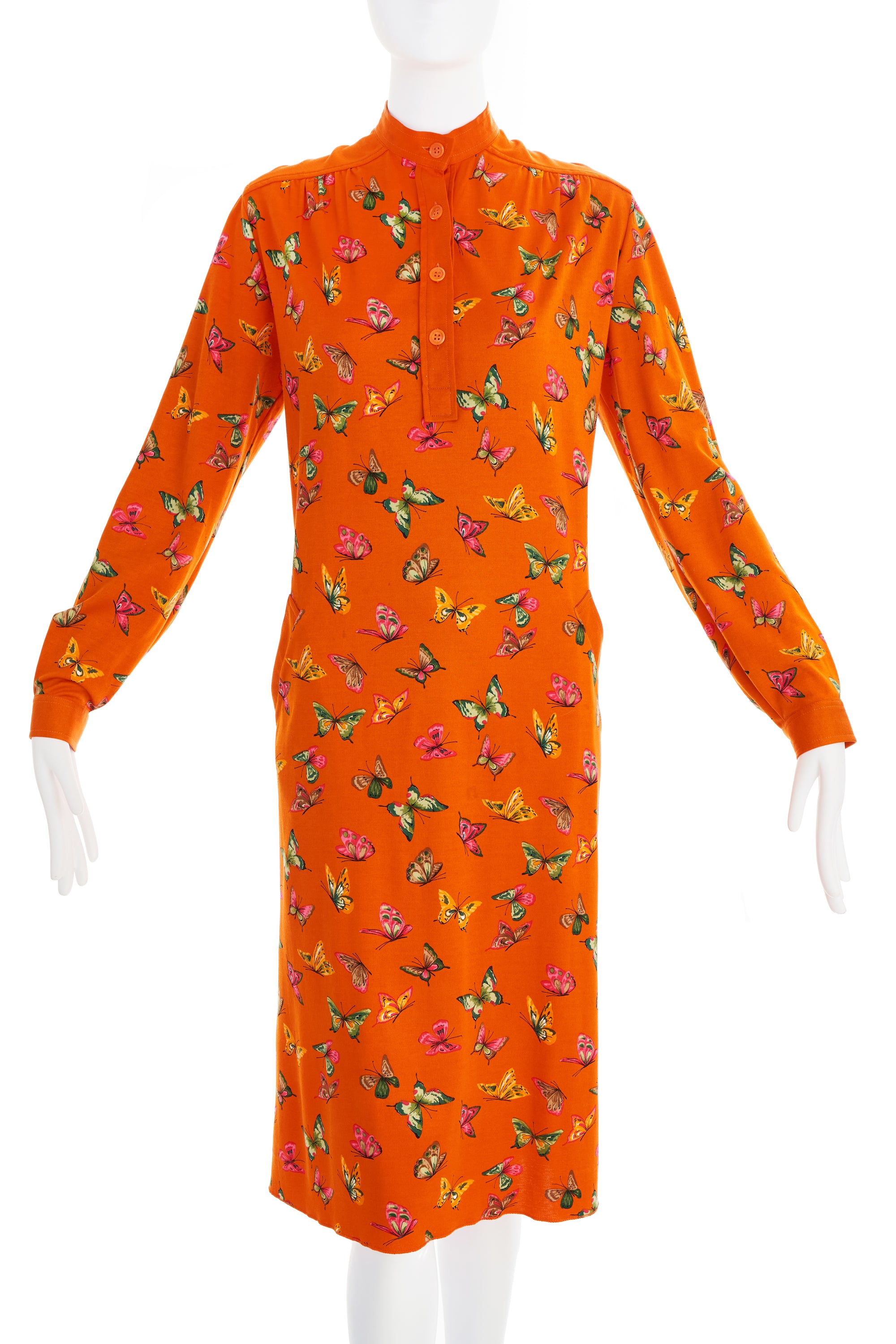 Gucci 1970's Orange Butterfly Cotton Dress Size 42