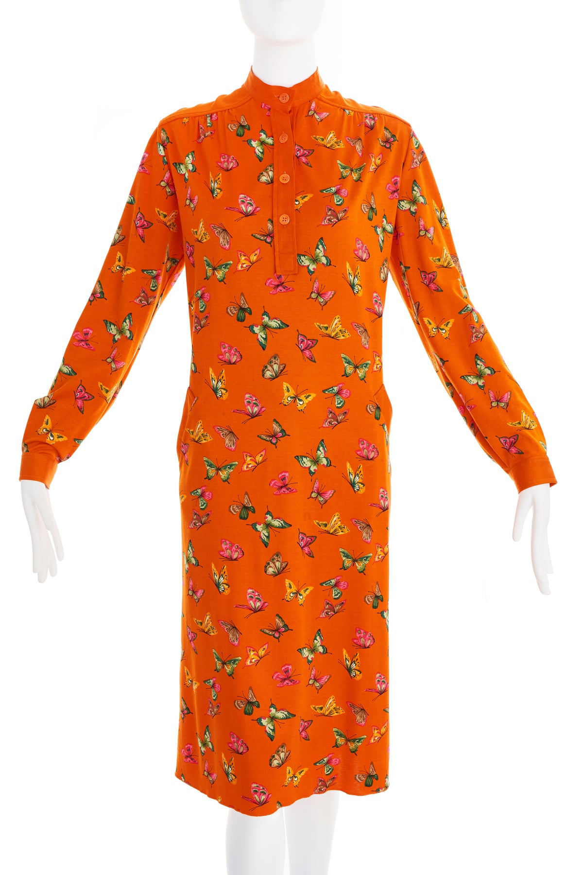 Gucci 1970&#39;s Orange Butterfly Cotton Dress Size 42