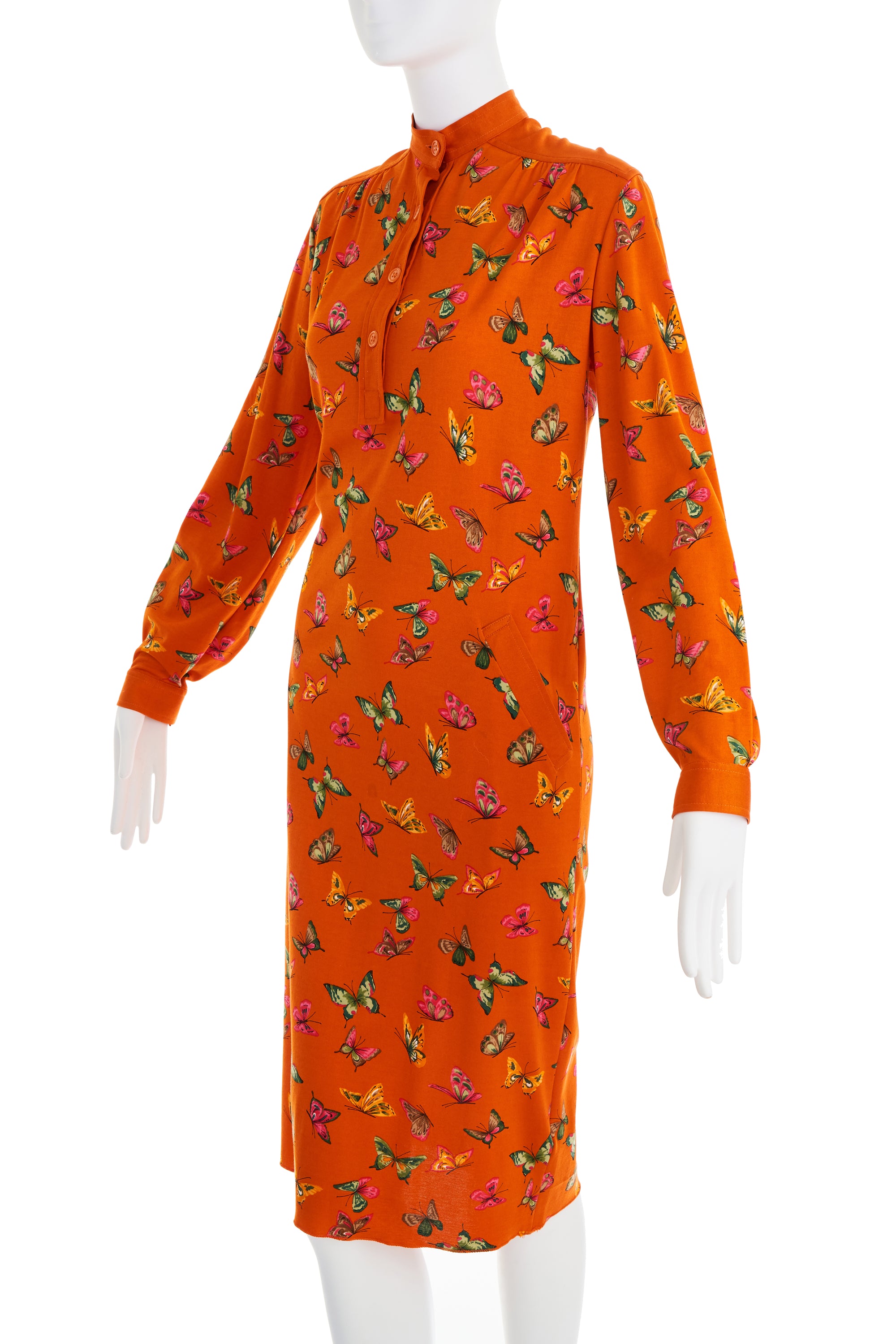 Gucci 1970's Orange Butterfly Cotton Dress Size 42