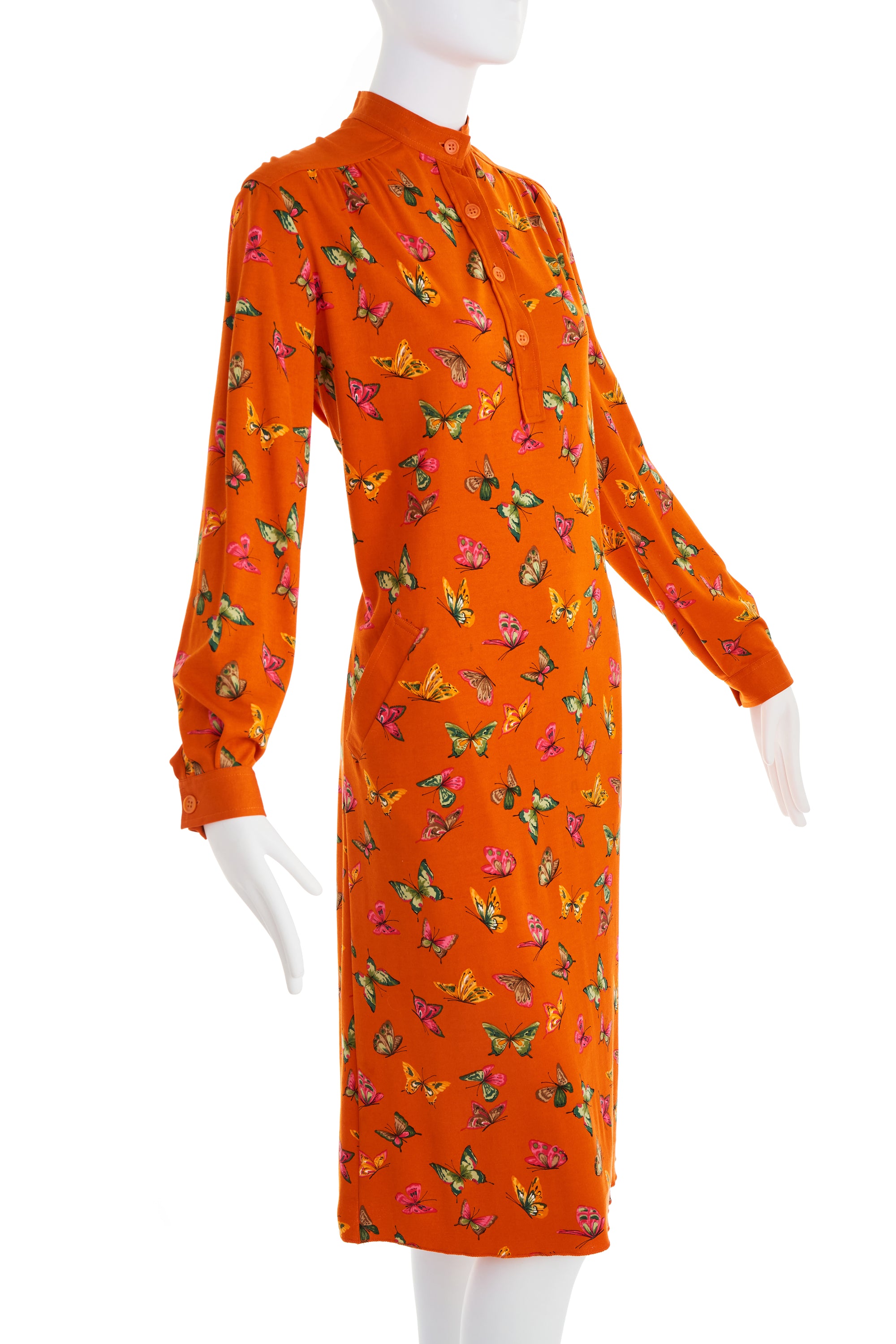 Gucci 1970's Orange Butterfly Cotton Dress Size 42