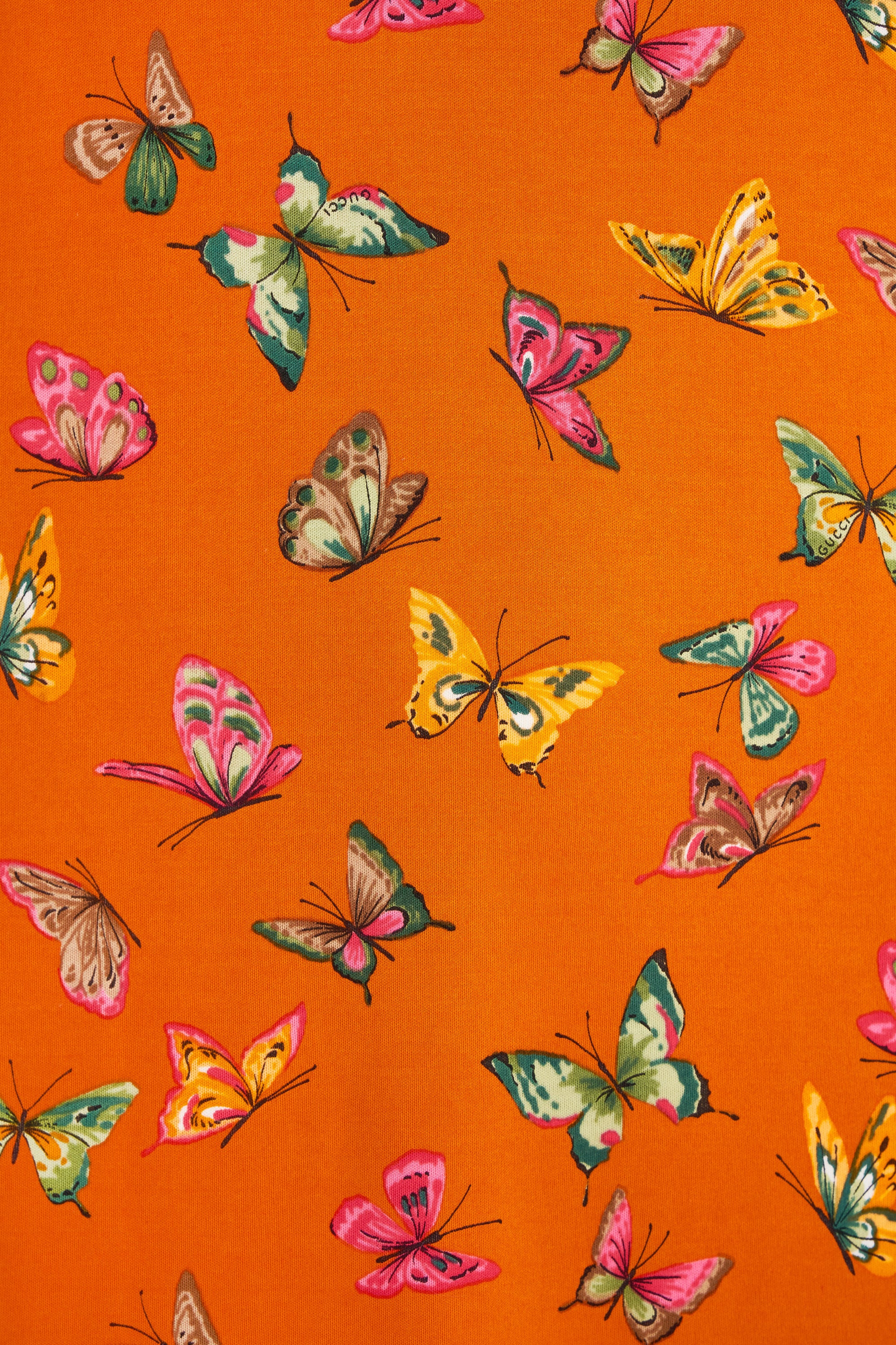 Gucci 1970's Orange Butterfly Cotton Dress Size 42