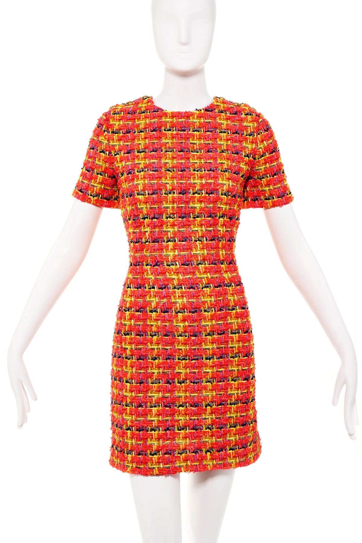 Gucci Pink Neon Tweed Mini Dress Gold Buttons Size 42/6