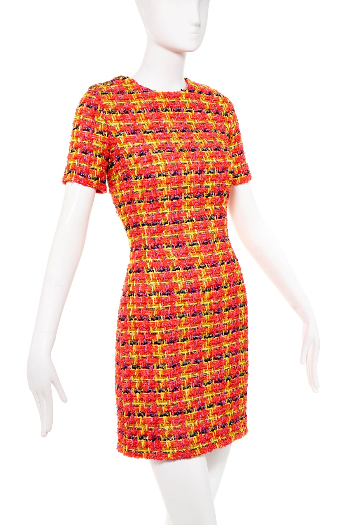 Gucci Pink Neon Tweed Mini Dress Gold Buttons Size 42/6