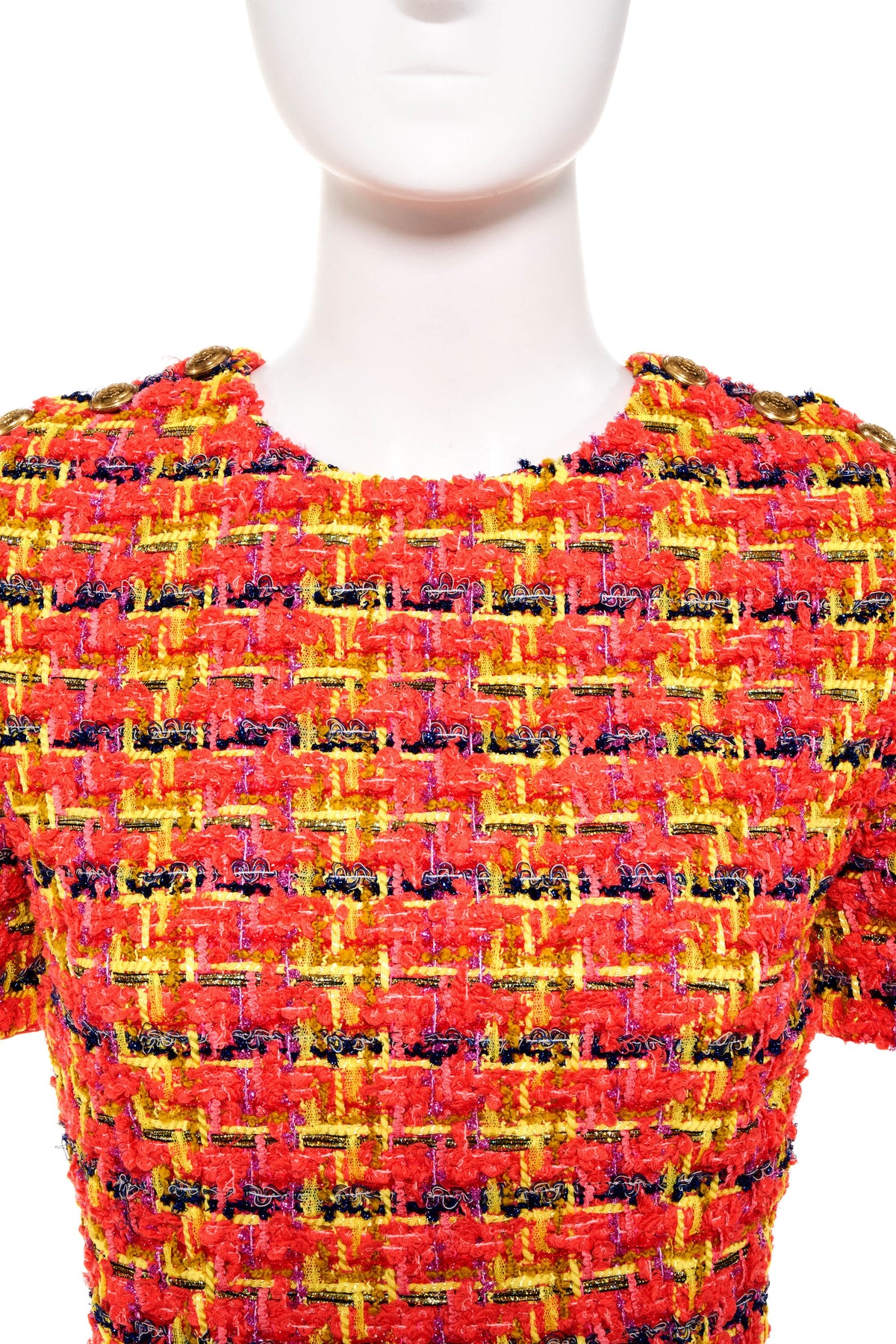 Gucci Pink Neon Tweed Mini Dress Gold Buttons Size 42/6