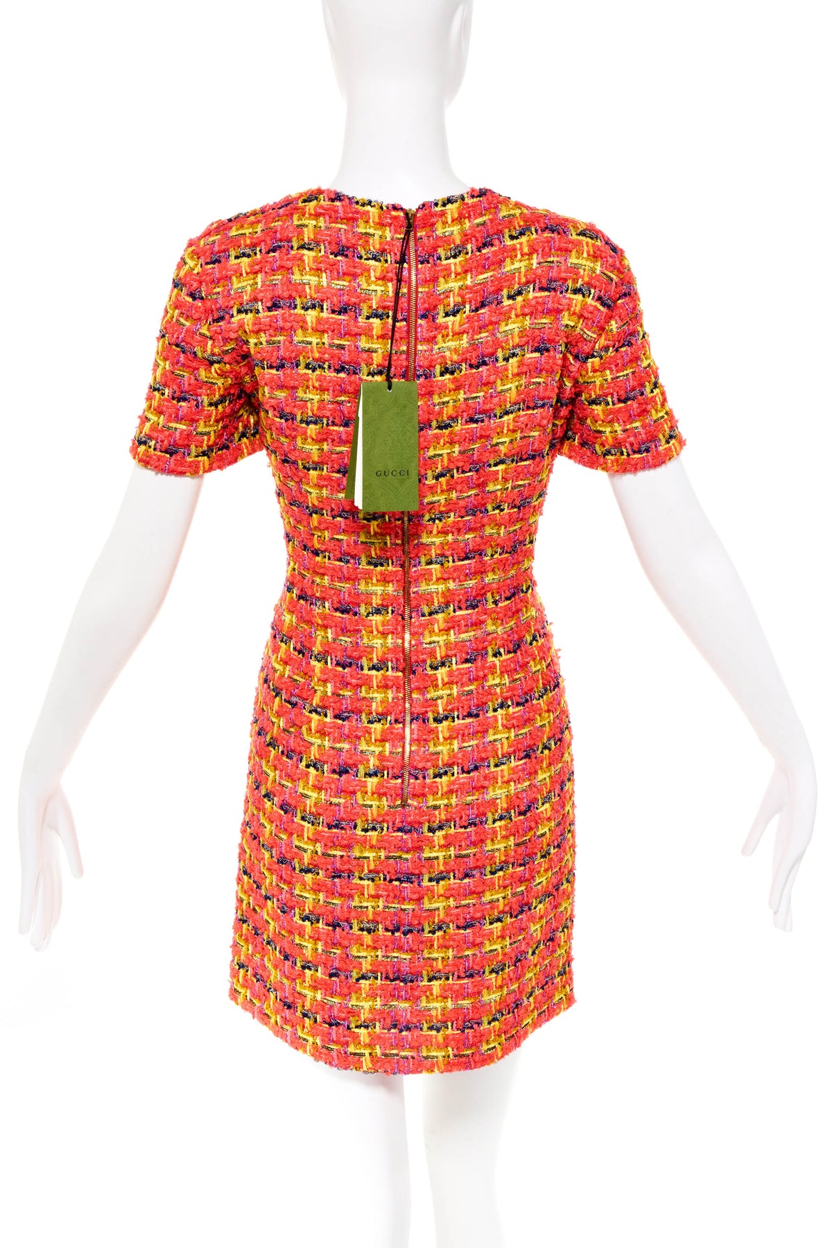 Gucci Pink Neon Tweed Mini Dress Gold Buttons Size 42/6