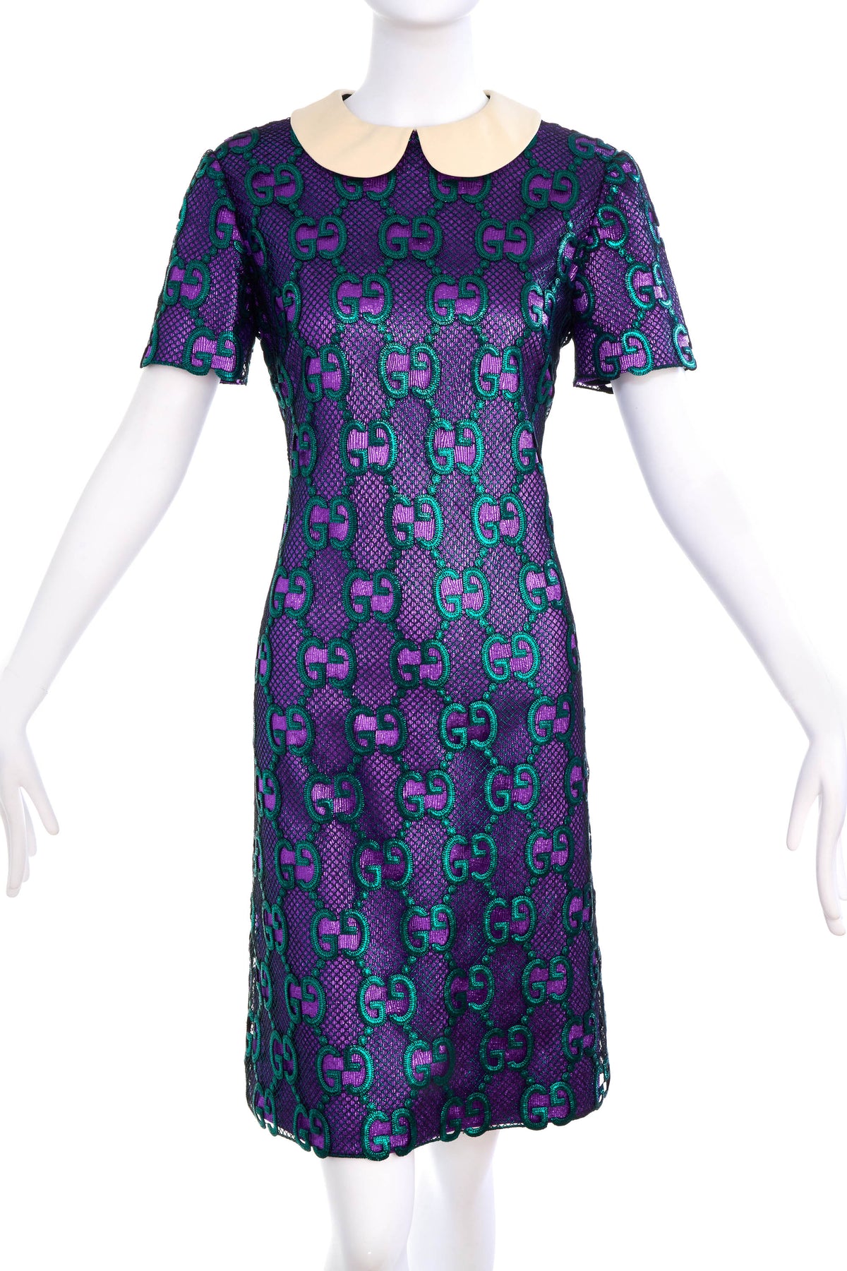 Gucci Sparkly Purple Dress Green GG Netting Peter Pan Neckline Size 40