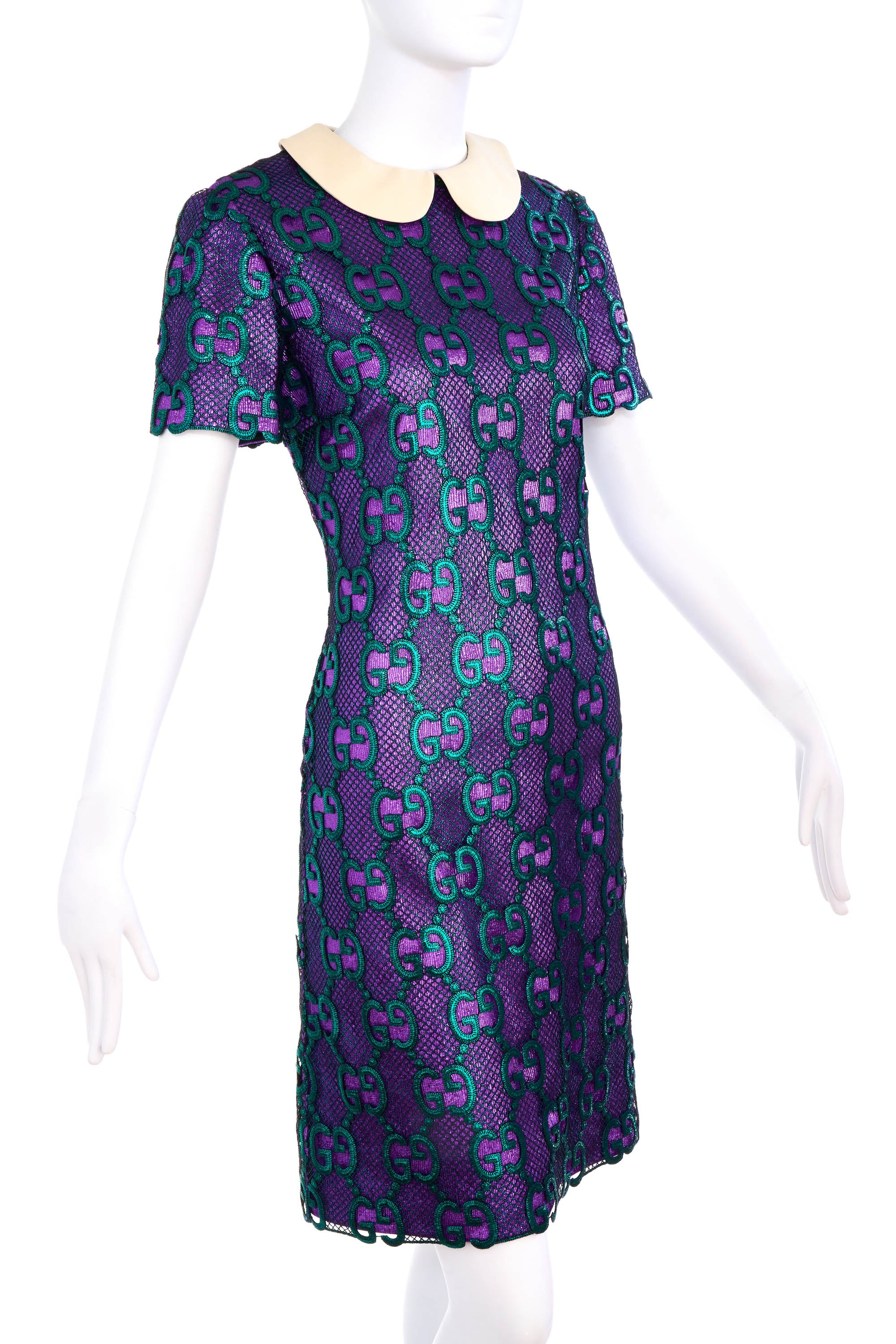 Gucci Sparkly Purple Dress Green GG Netting Peter Pan Neckline Size 40