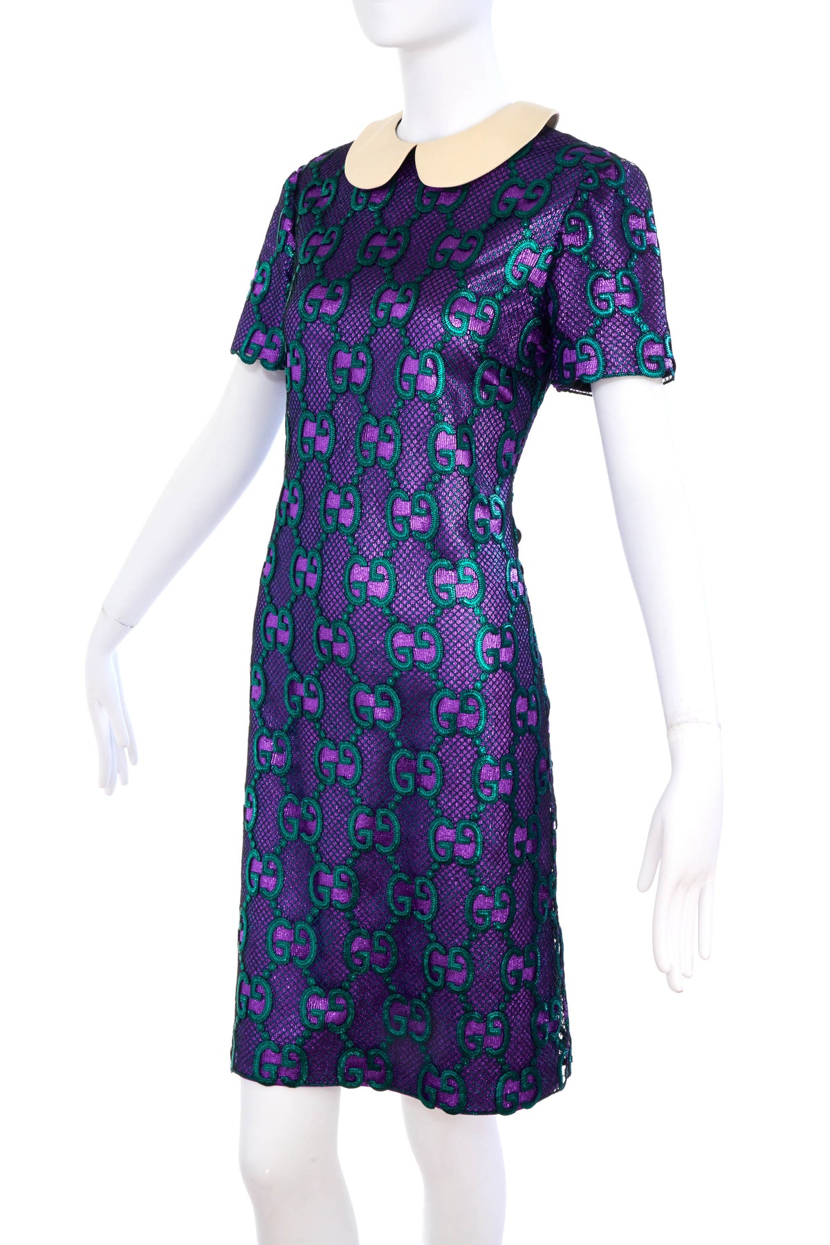 Gucci Sparkly Purple Dress Green GG Netting Peter Pan Neckline Size 40