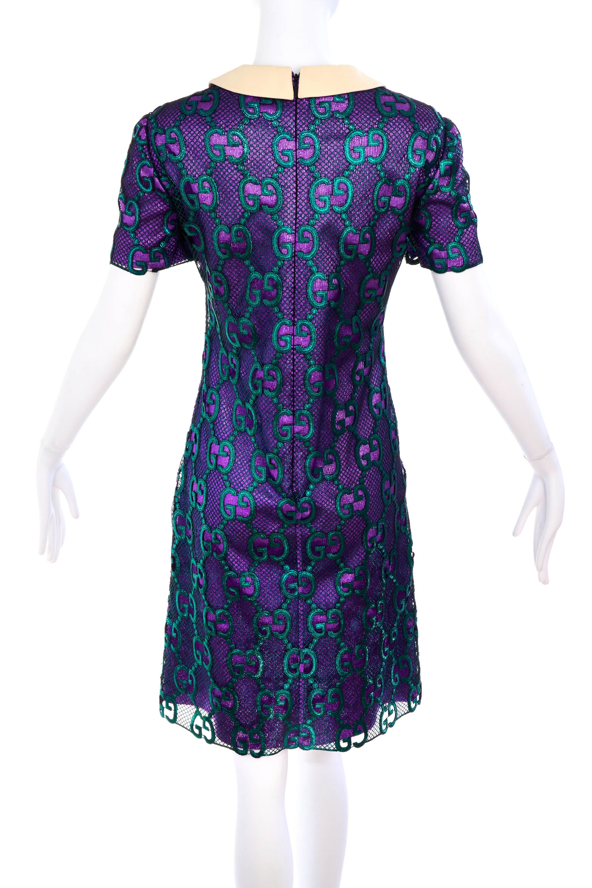 Gucci Sparkly Purple Dress Green GG Netting Peter Pan Neckline Size 40