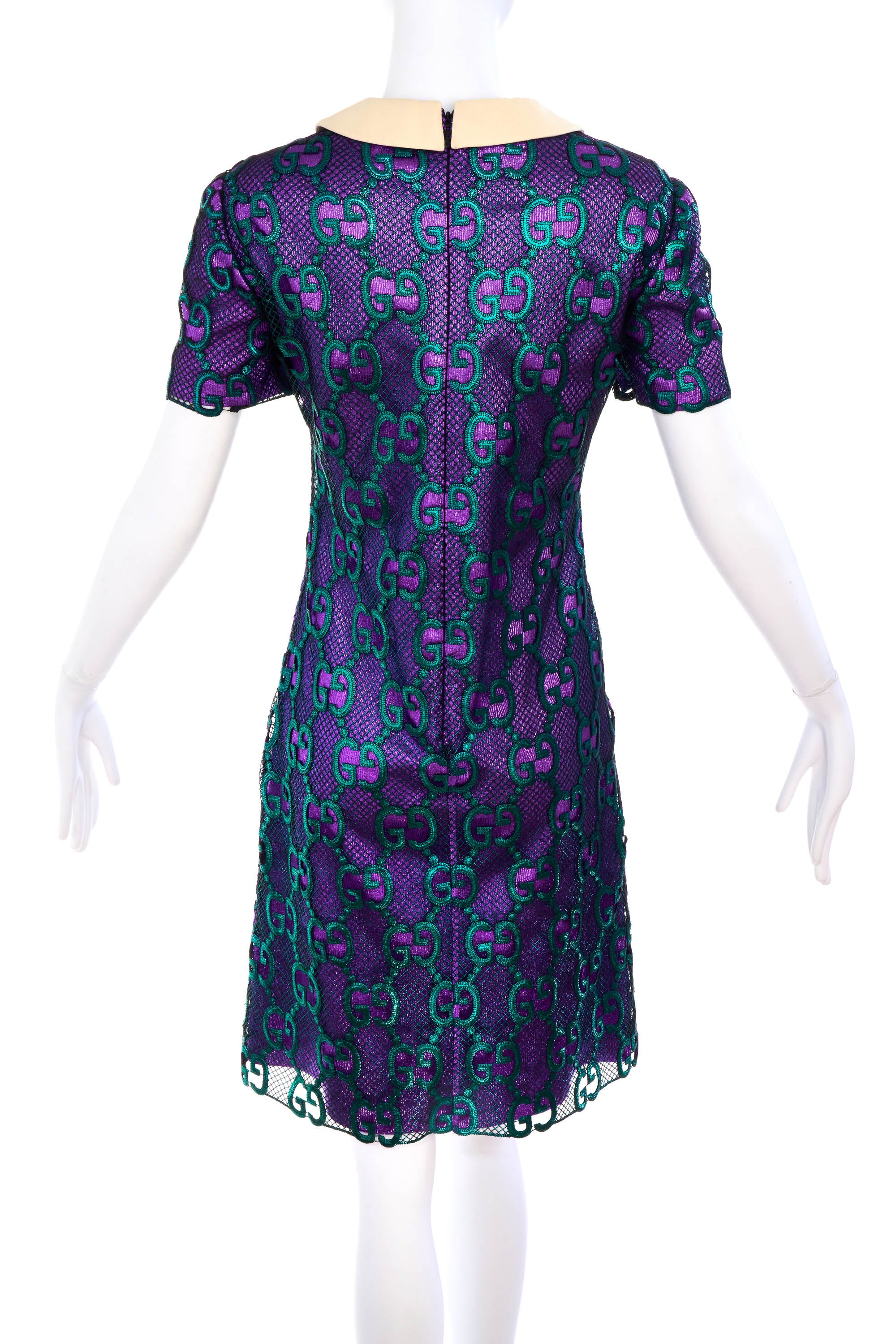 Gucci Sparkly Purple Dress Green GG Netting Peter Pan Neckline Size 40 - Foxy Couture Carmel Gucci Sparkly Purple Dress Green GG Netting Peter Pan Neckline Size 40 - Foxy Couture Carmel