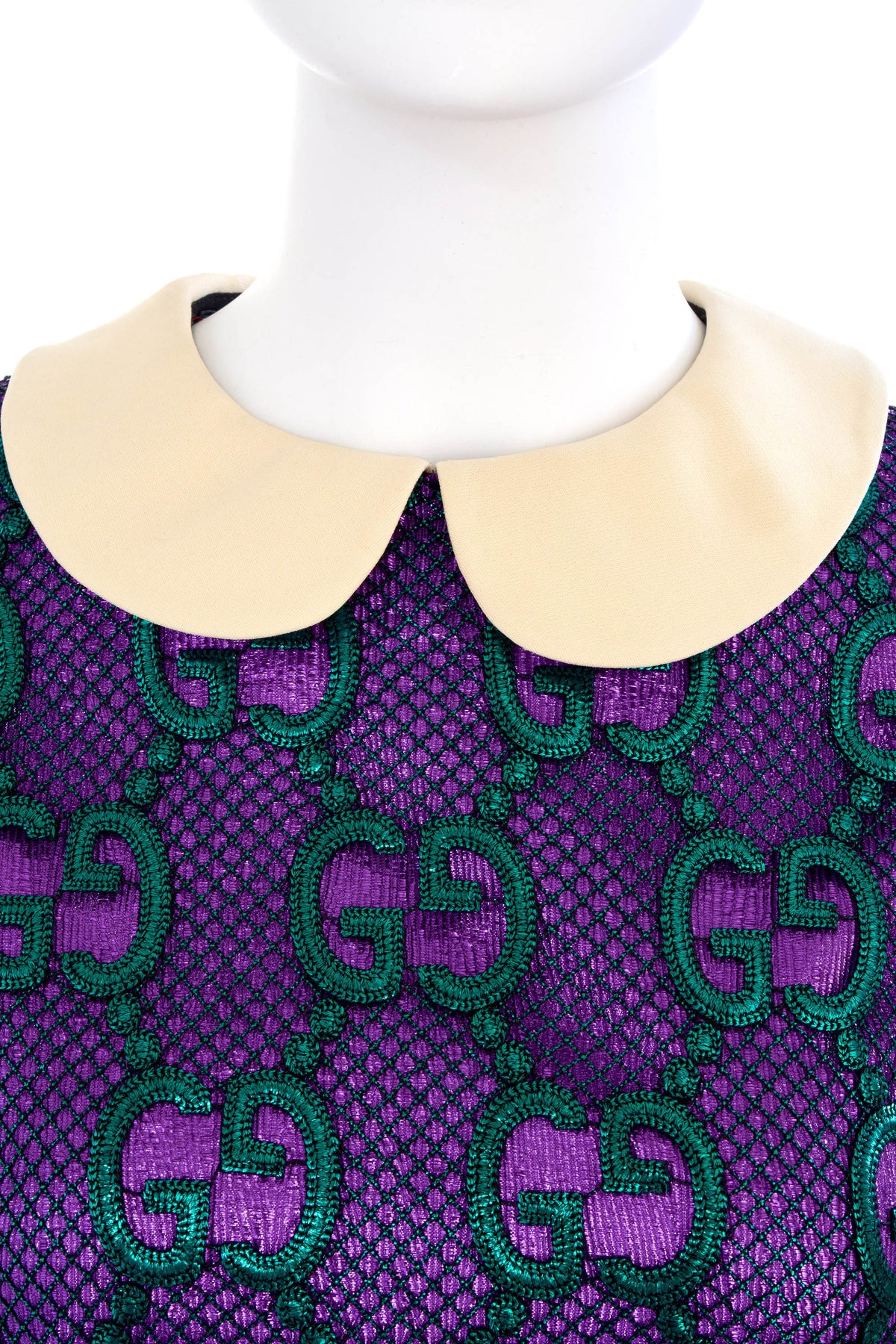 Gucci Sparkly Purple Dress Green GG Netting Peter Pan Neckline Size 40