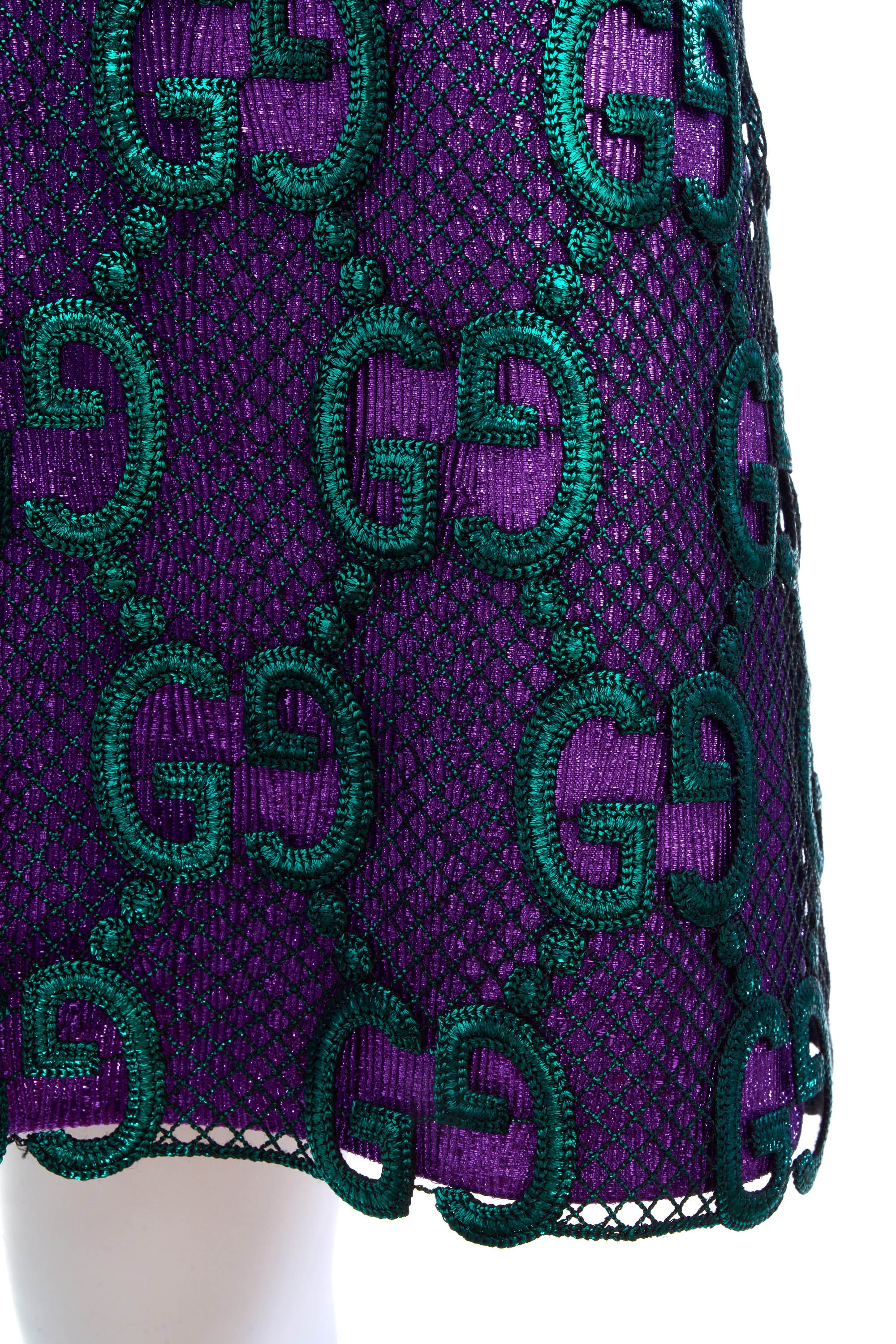 Gucci Sparkly Purple Dress Green GG Netting Peter Pan Neckline Size 40