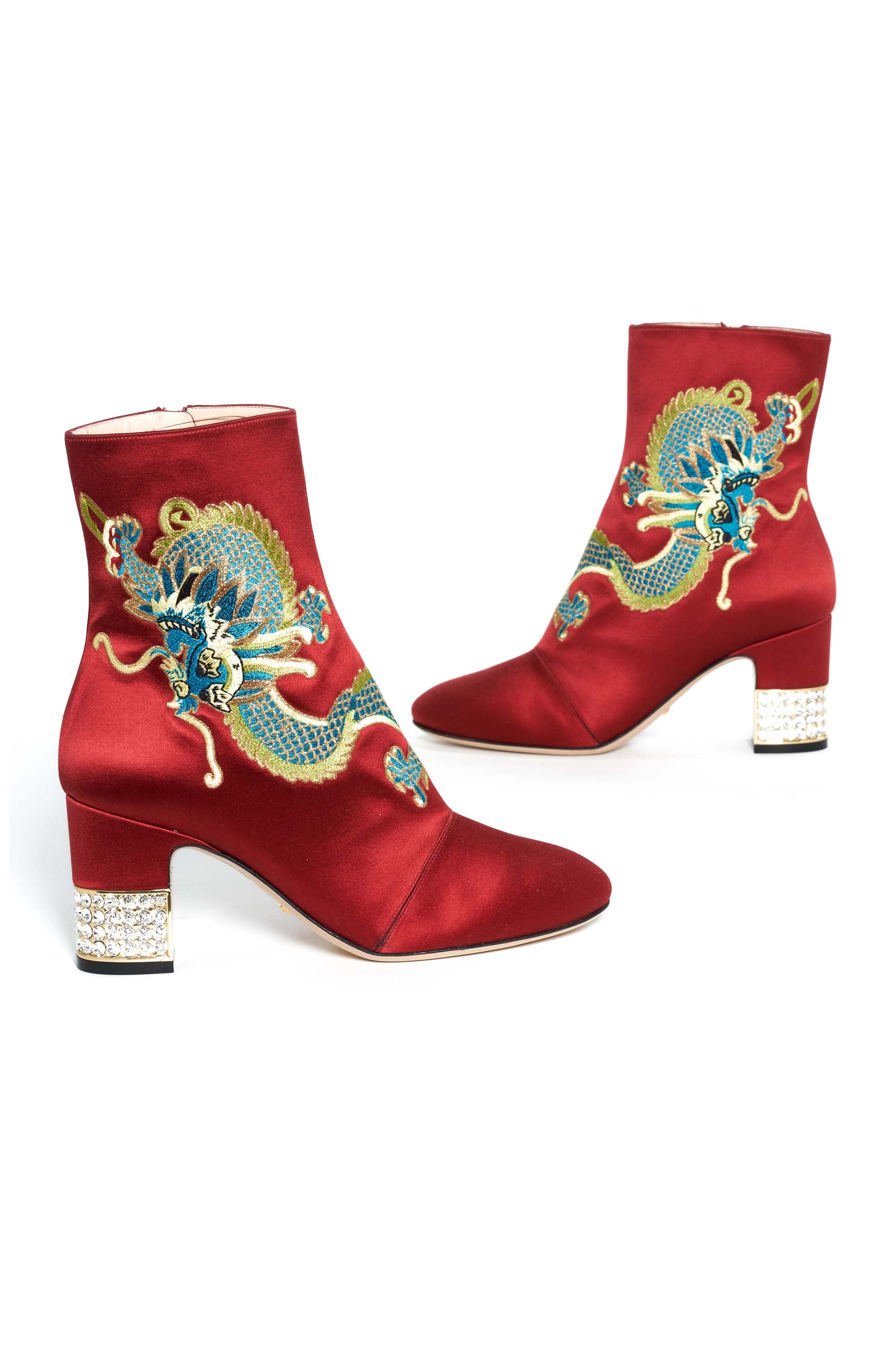 Gucci Red Satin Dragon Embroidered Booties Size 37.5