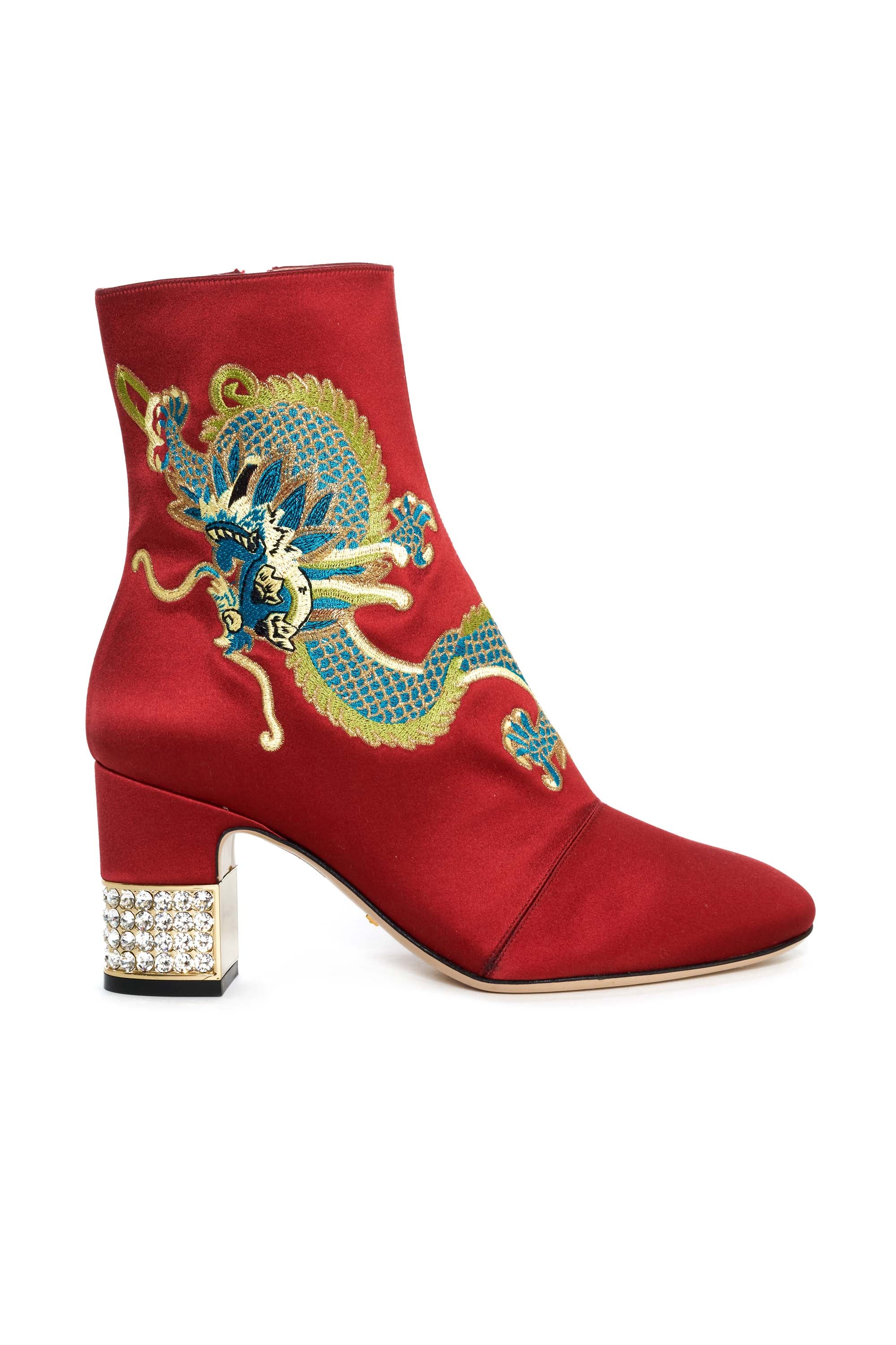 Gucci Red Satin Dragon Embroidered Booties Size 37.5