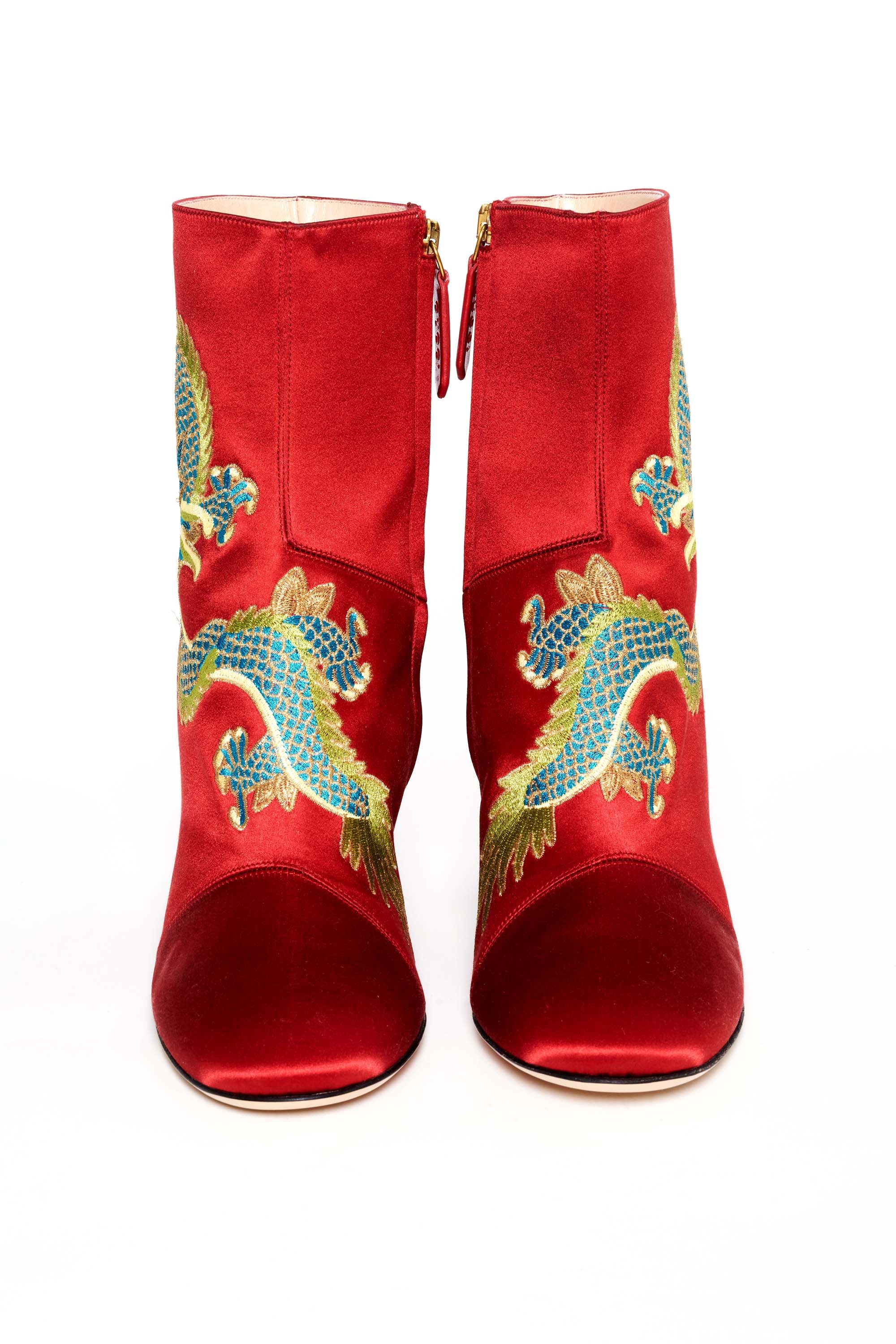 Gucci Red Satin Dragon Embroidered Booties Size 37.5