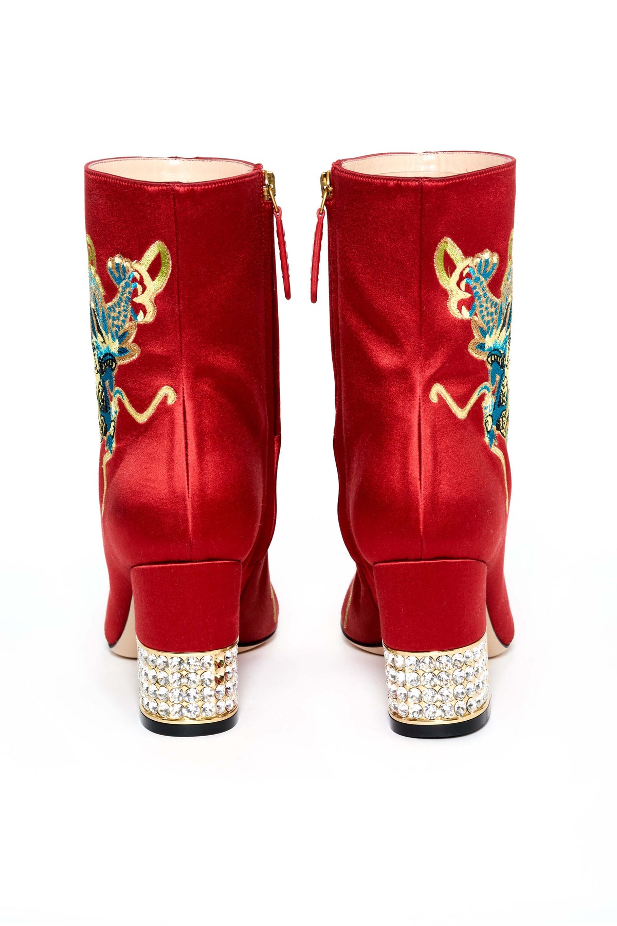 Gucci Red Satin Dragon Embroidered Booties Size 37.5