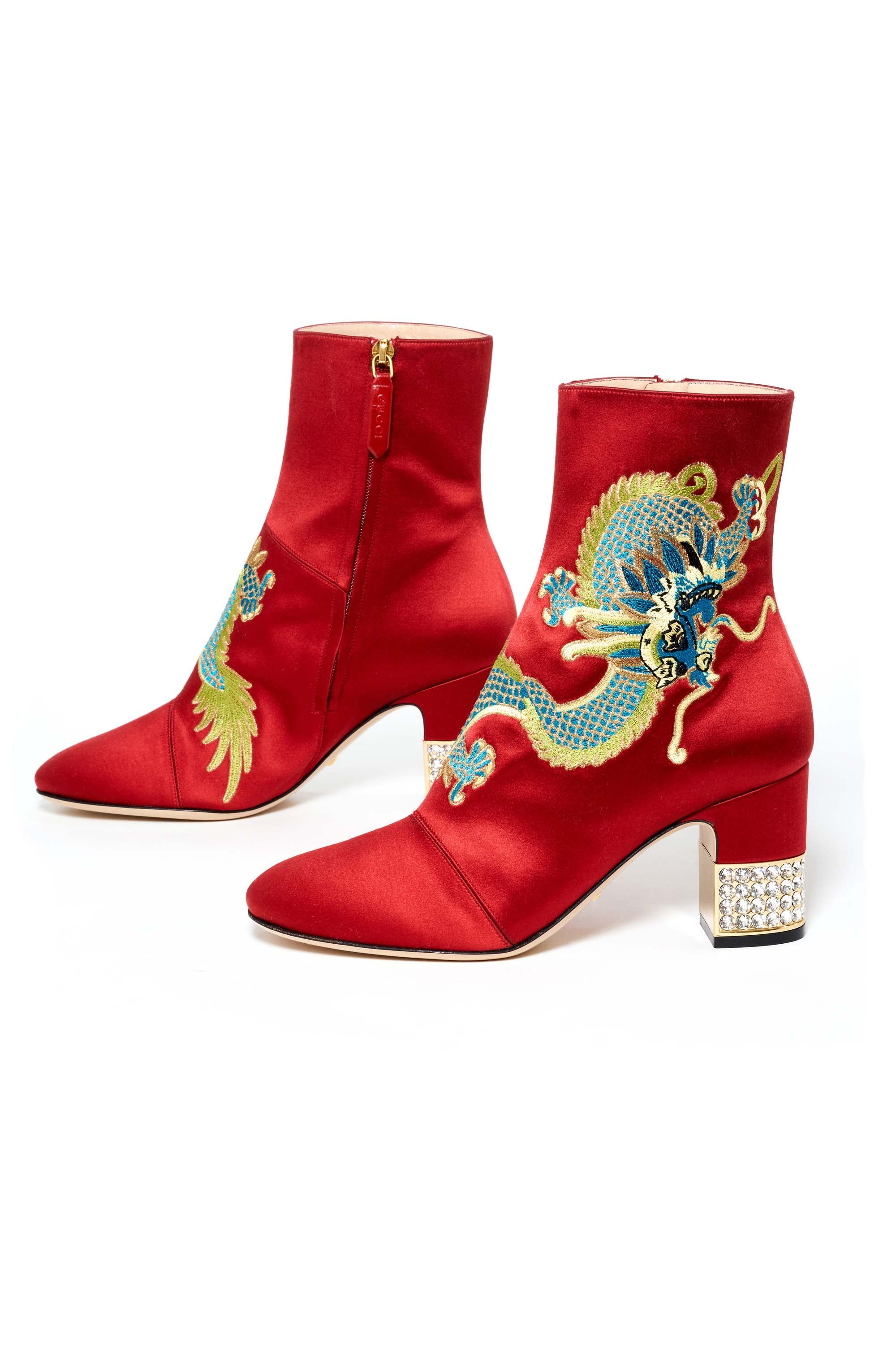 Gucci Red Satin Dragon Embroidered Booties Size 37.5