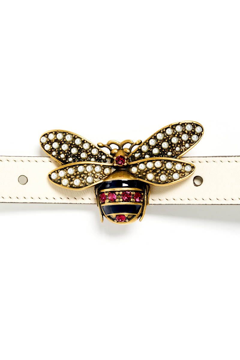 Gucci White Queen Bee Skinny Belt Size 80cm