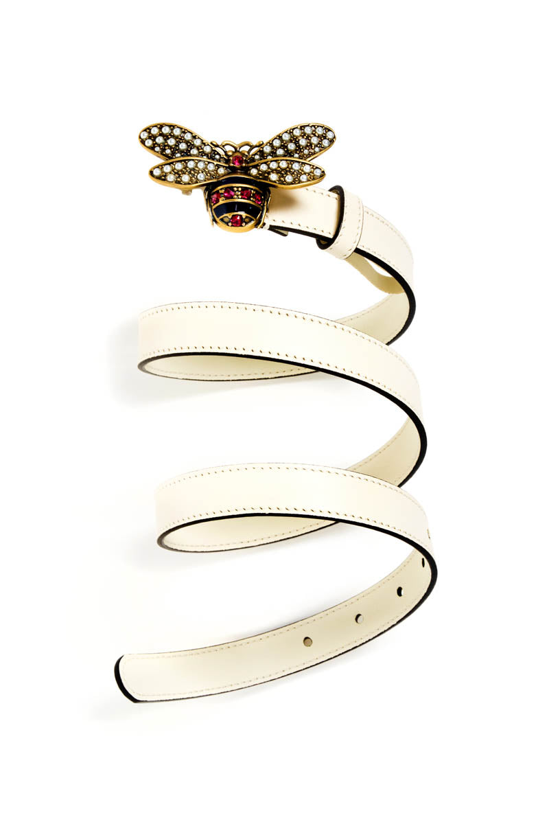 Gucci White Queen Bee Skinny Belt Size 80cm