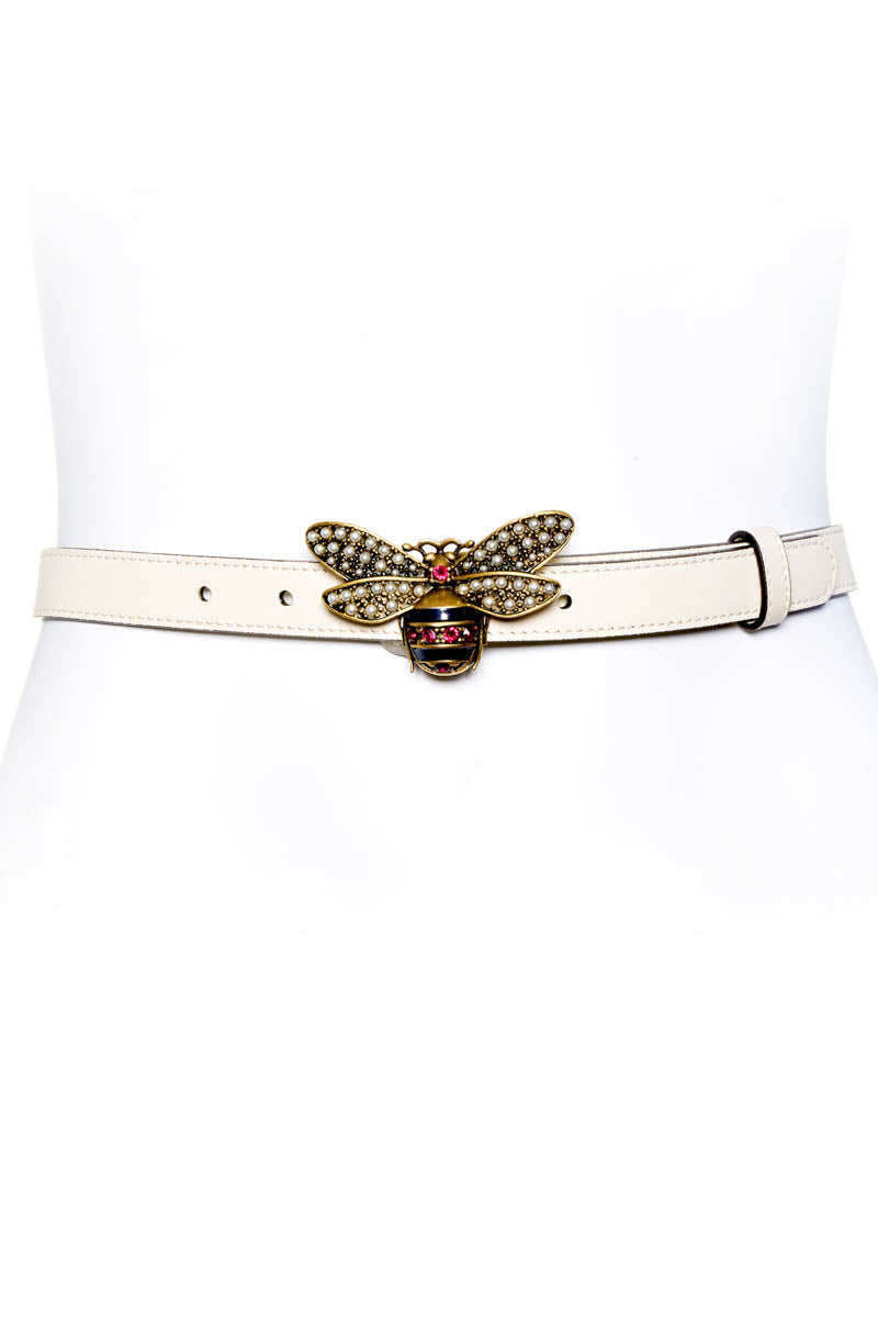 Gucci White Queen Bee Skinny Belt Size 80cm