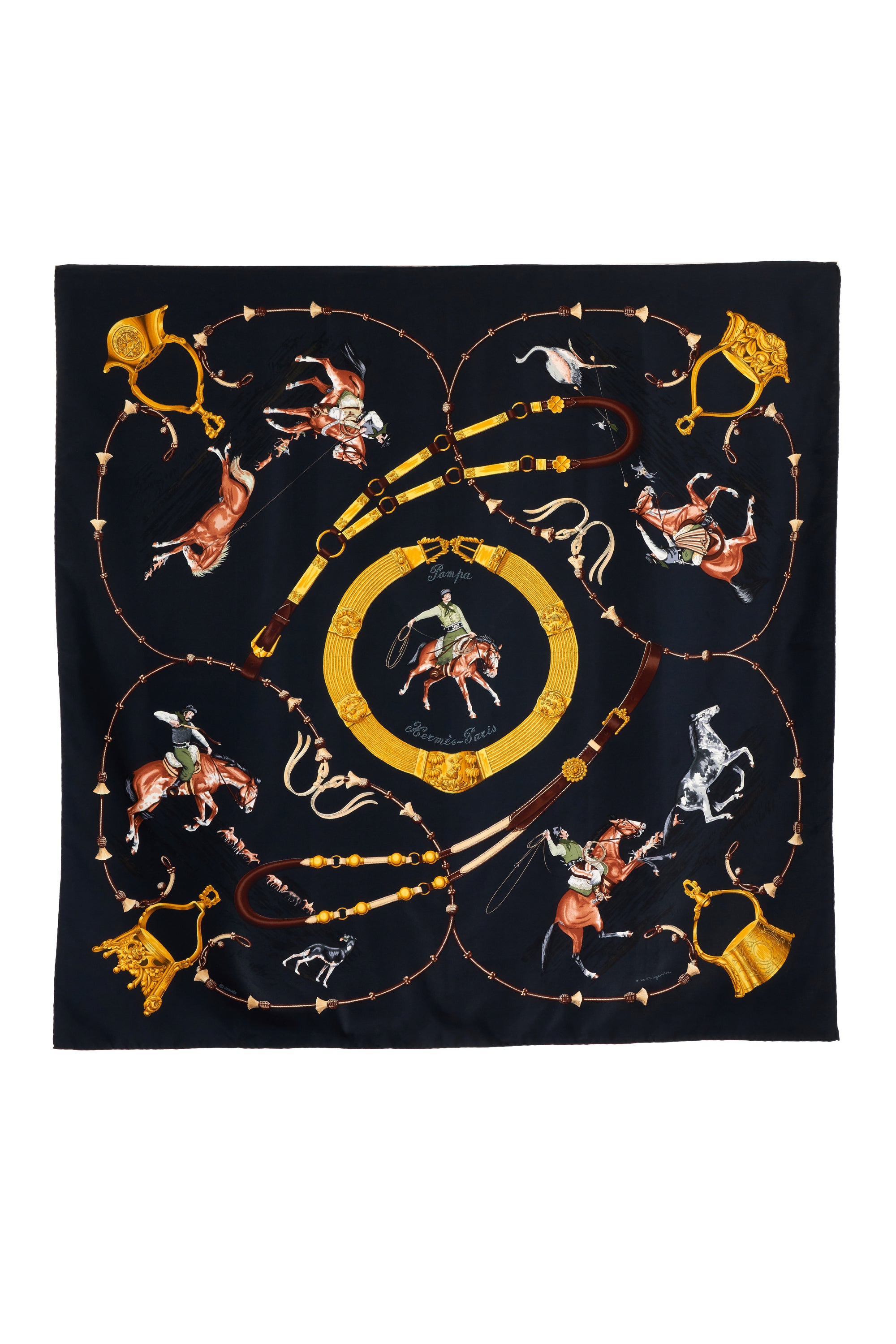 Hermes Silk Scarf Black and Gold "Pampa" 90cm