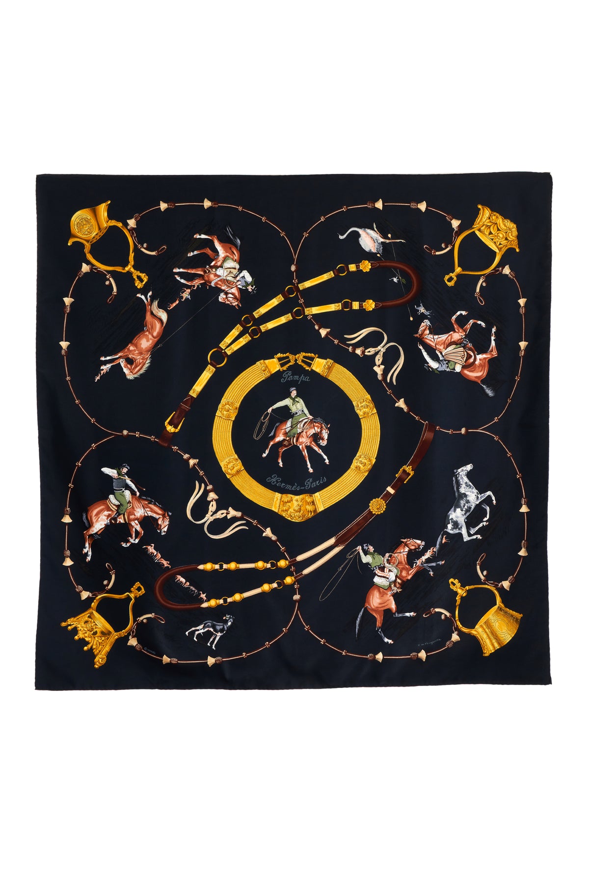 Hermes Silk Scarf Black and Gold &quot;Pampa&quot; 90cm