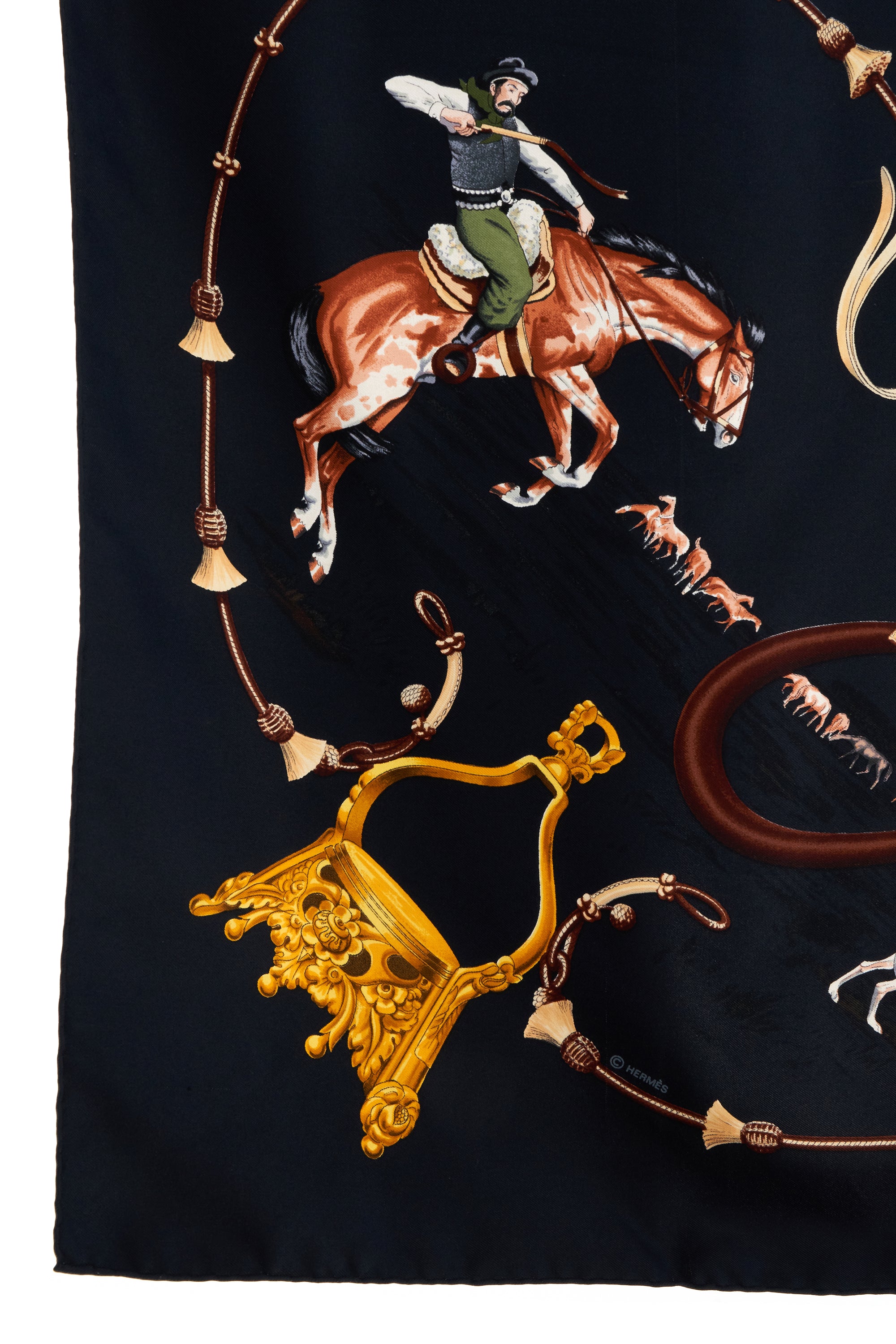 Hermes Silk Scarf Black and Gold "Pampa" 90cm