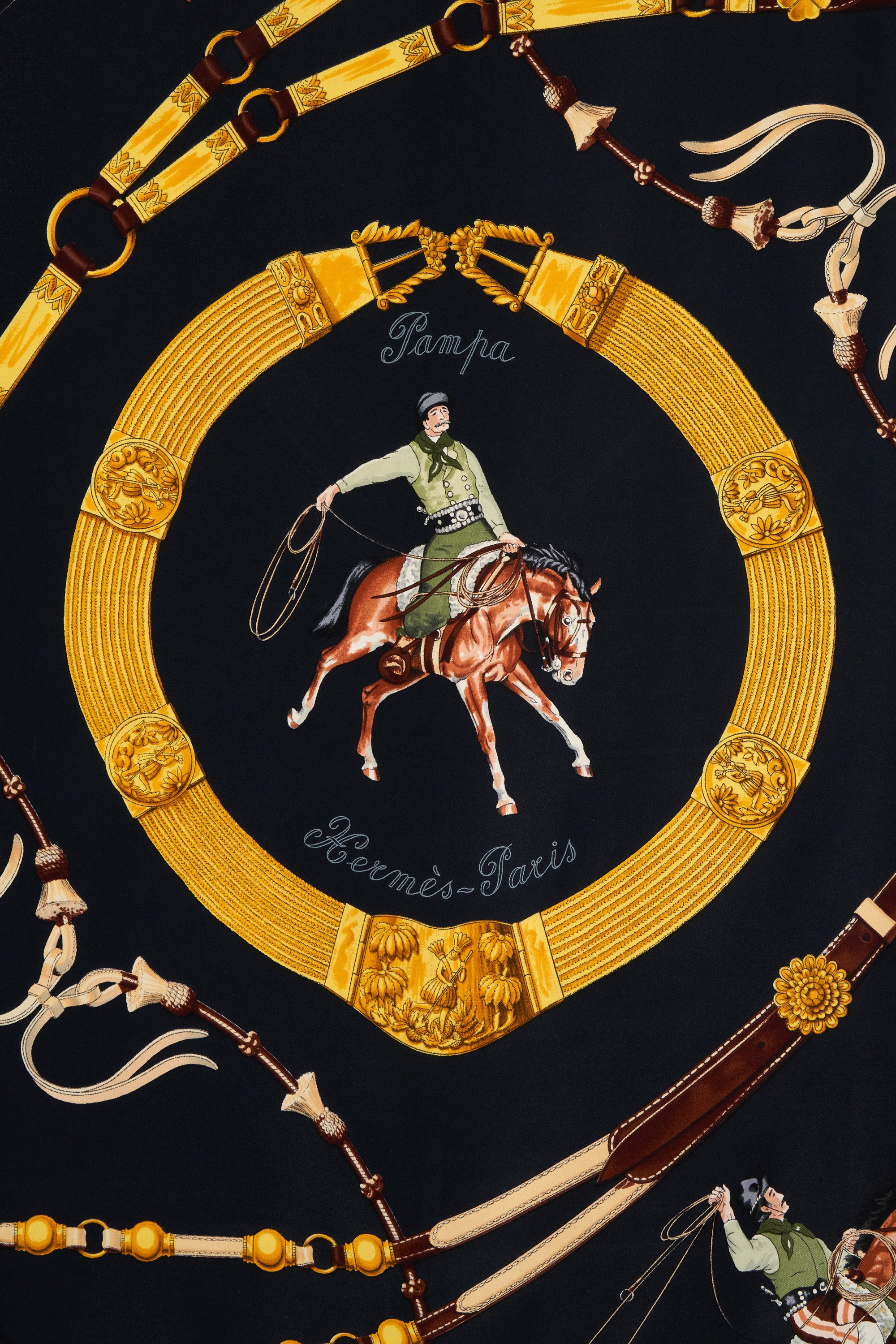 Hermes Silk Scarf Black and Gold "Pampa" 90cm