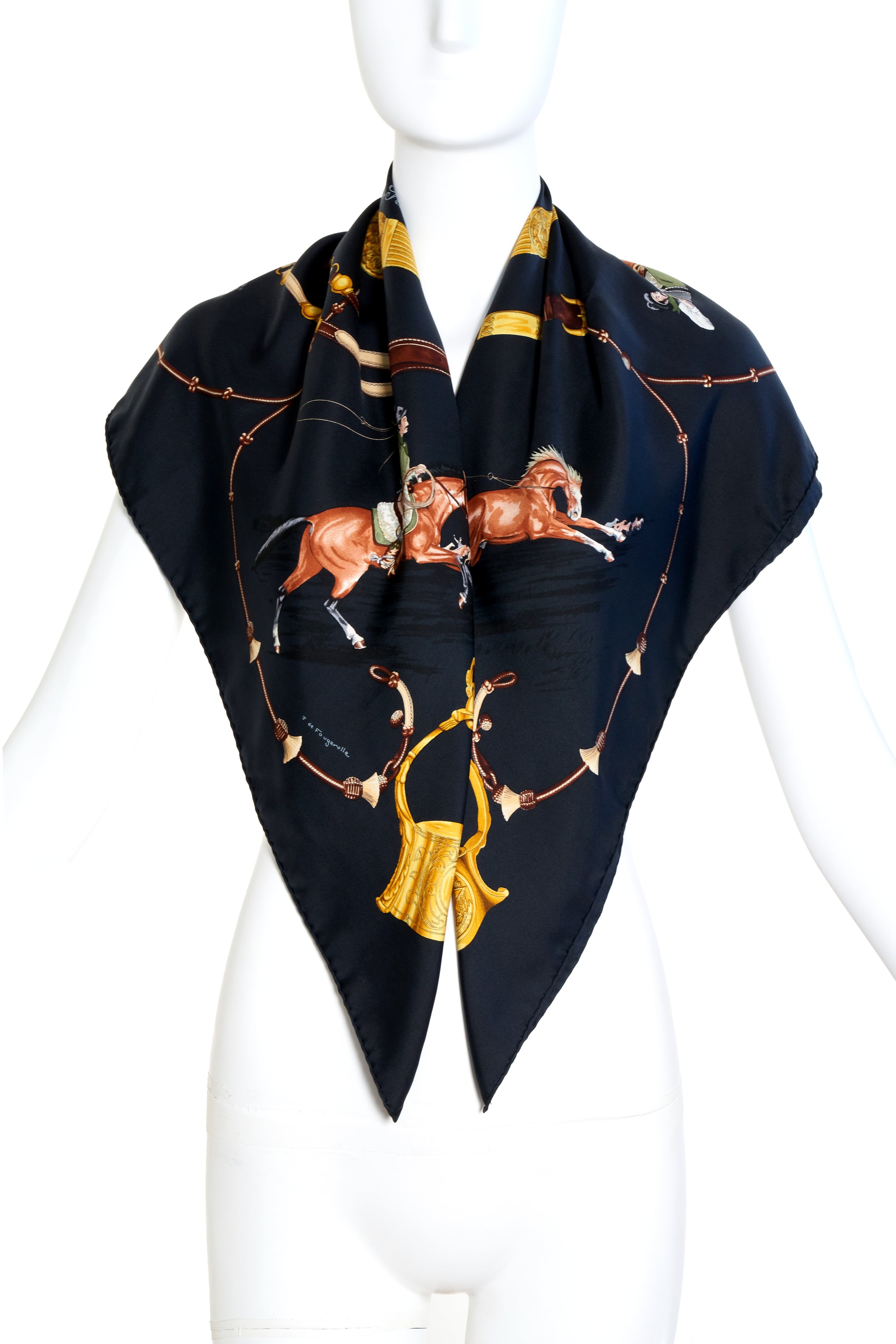 Hermes Silk Scarf Black and Gold "Pampa" 90cm