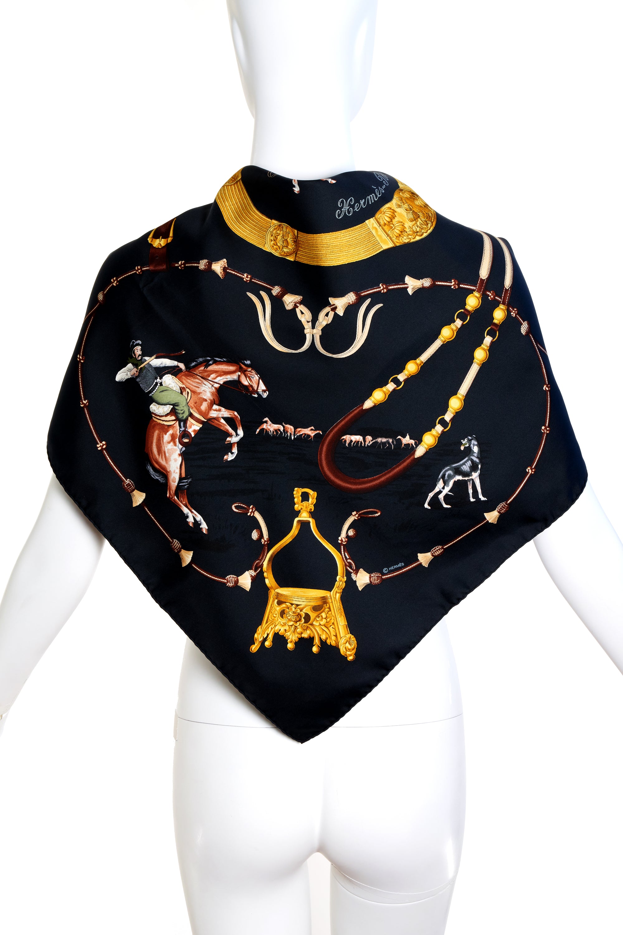 Hermes Silk Scarf Black and Gold "Pampa" 90cm