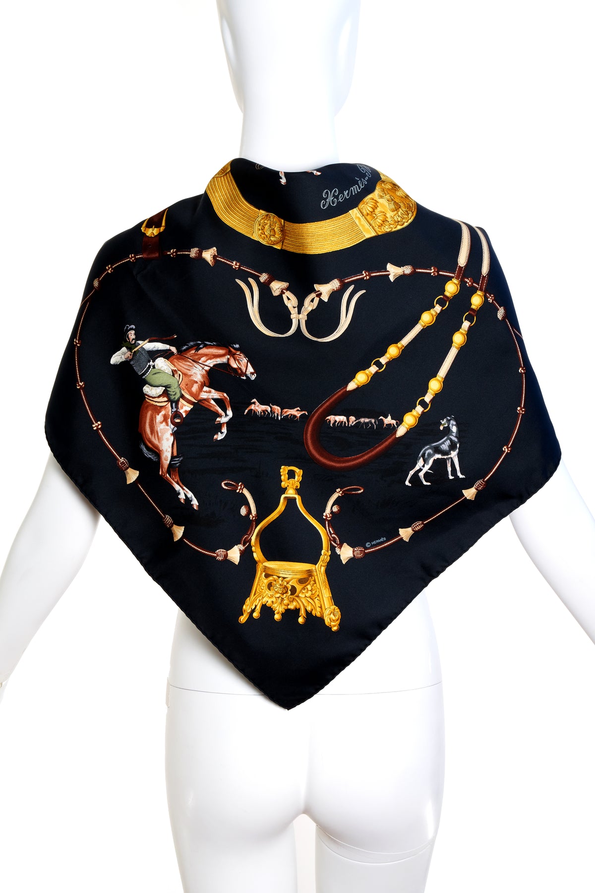 Hermes Silk Scarf Black and Gold &quot;Pampa&quot; 90cm