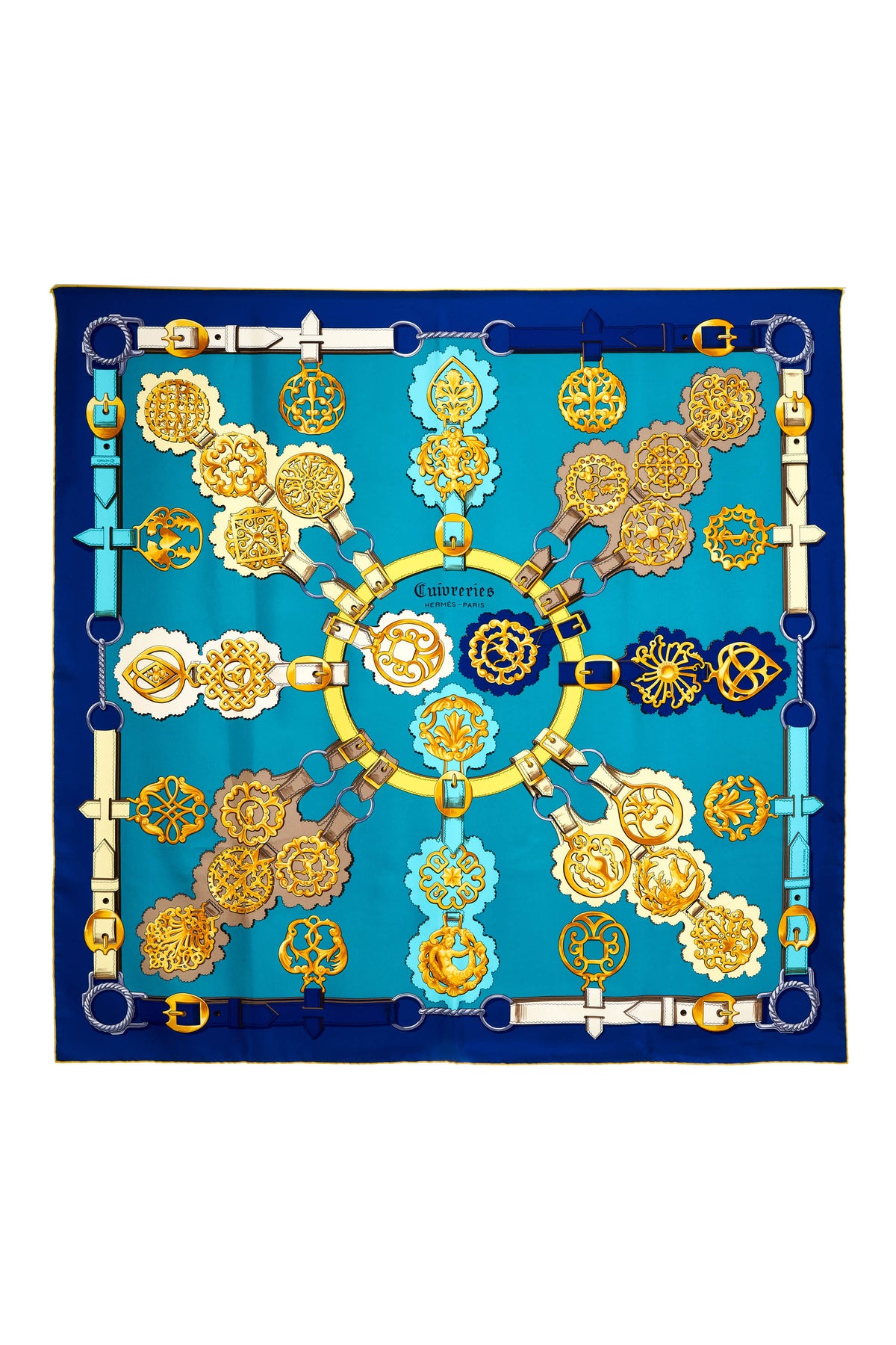 Hermes Silk Scarf 90cm Blue &quot;cuvieres&quot;